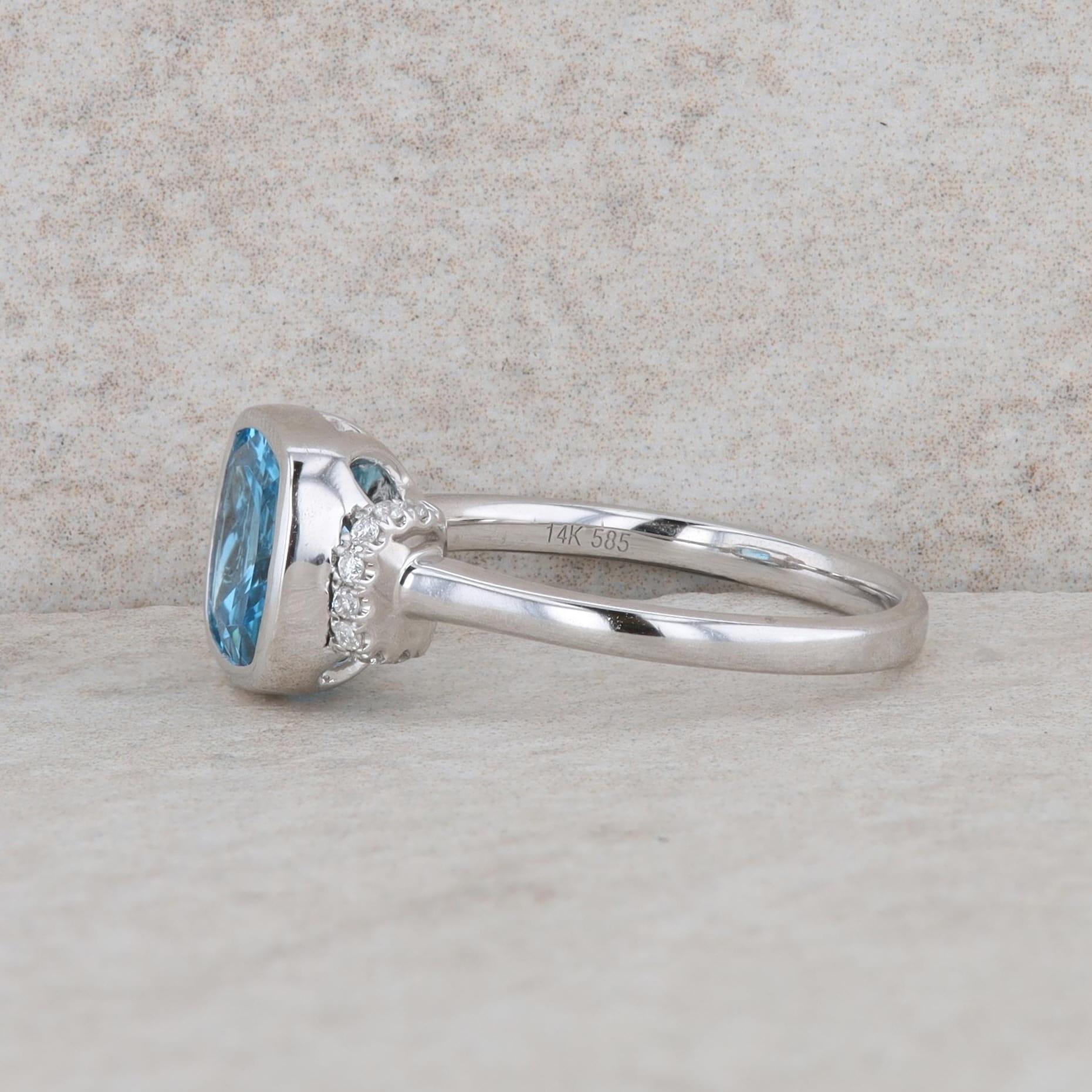 14k White Gold Cushion Blue Topaz and Diamond Ring