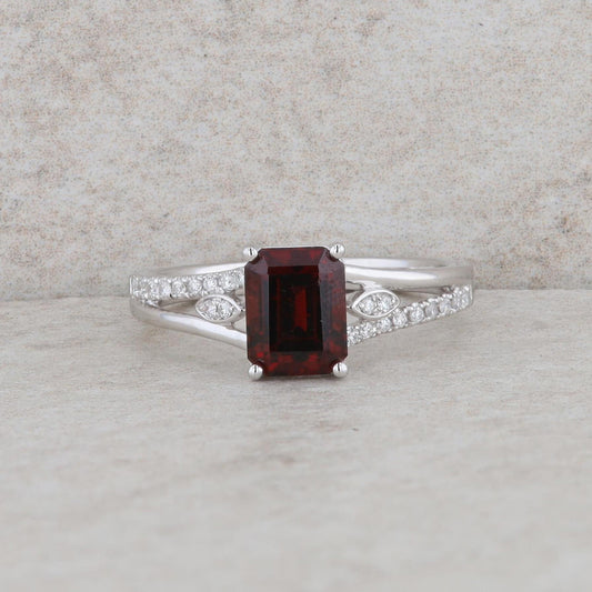 14k White Gold Emerald Cut Garnet and Diamond Ring