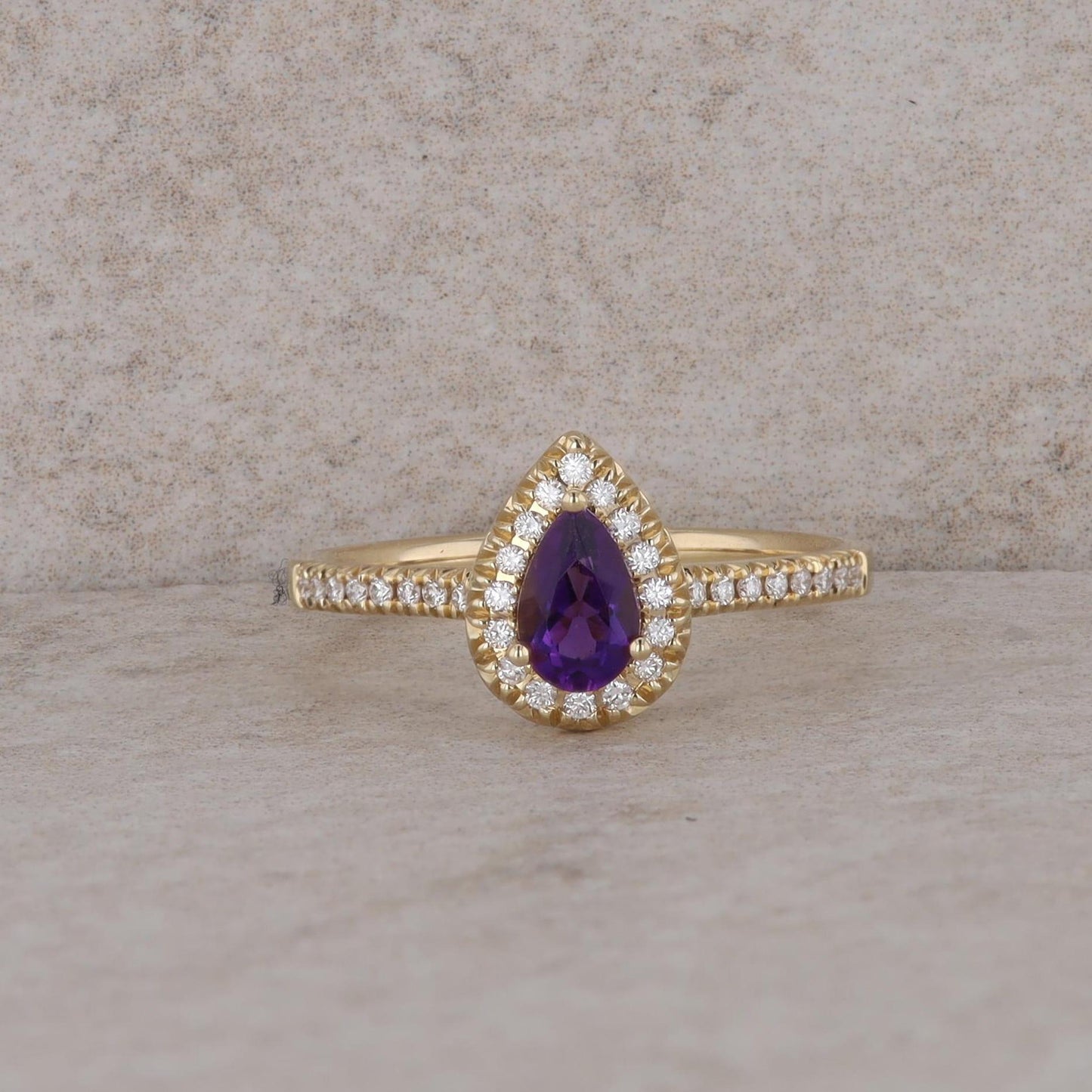 14k Yellow Gold Pear Shaped Amethyst and Diamond Halo Ring