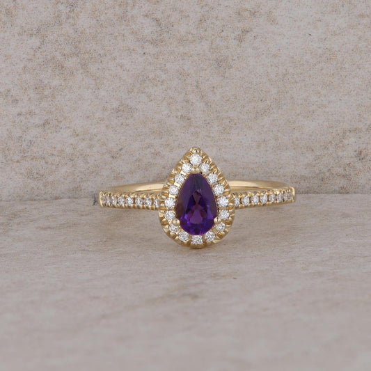 14k Yellow Gold Pear Shaped Amethyst and Diamond Halo Ring