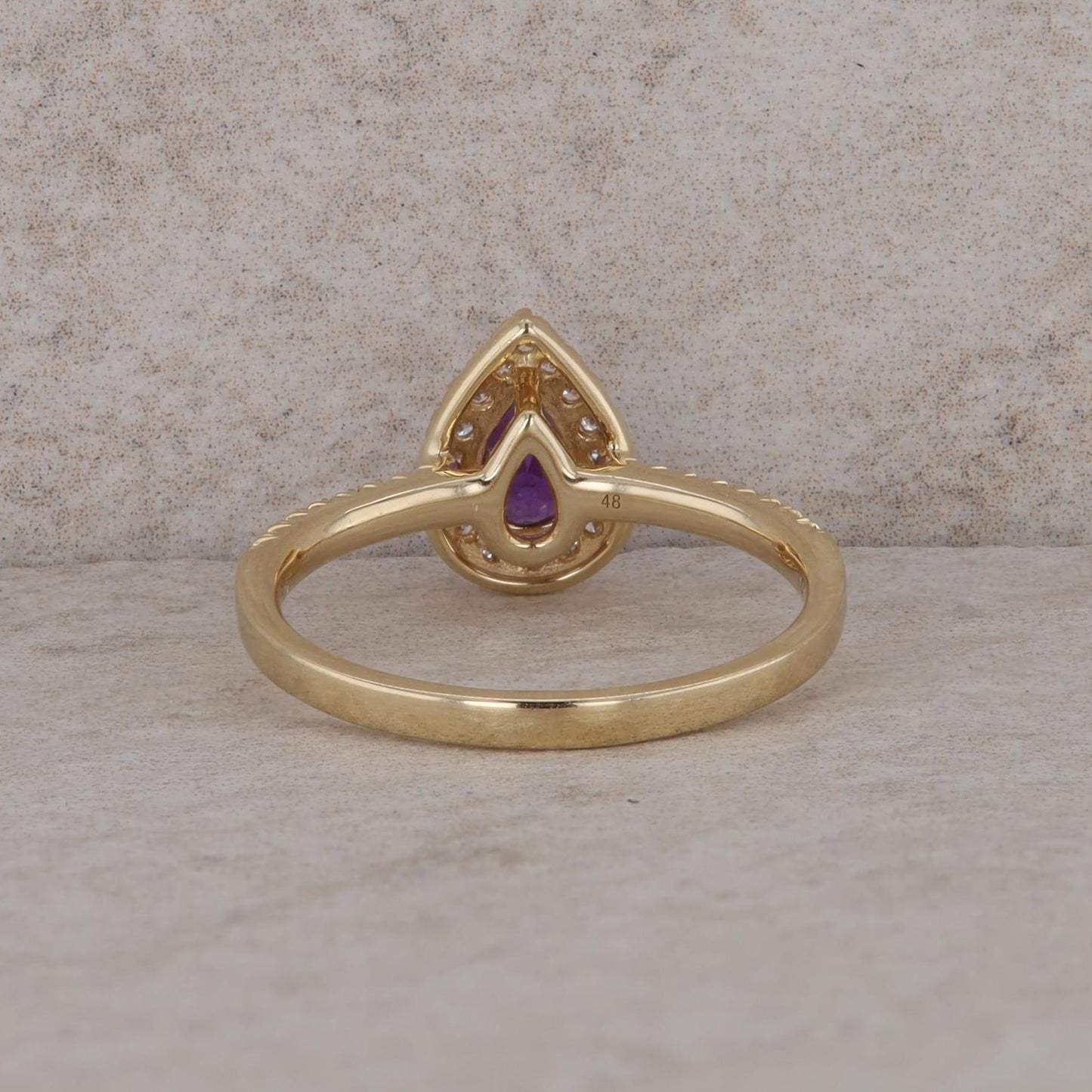 14k Yellow Gold Pear Shaped Amethyst and Diamond Halo Ring