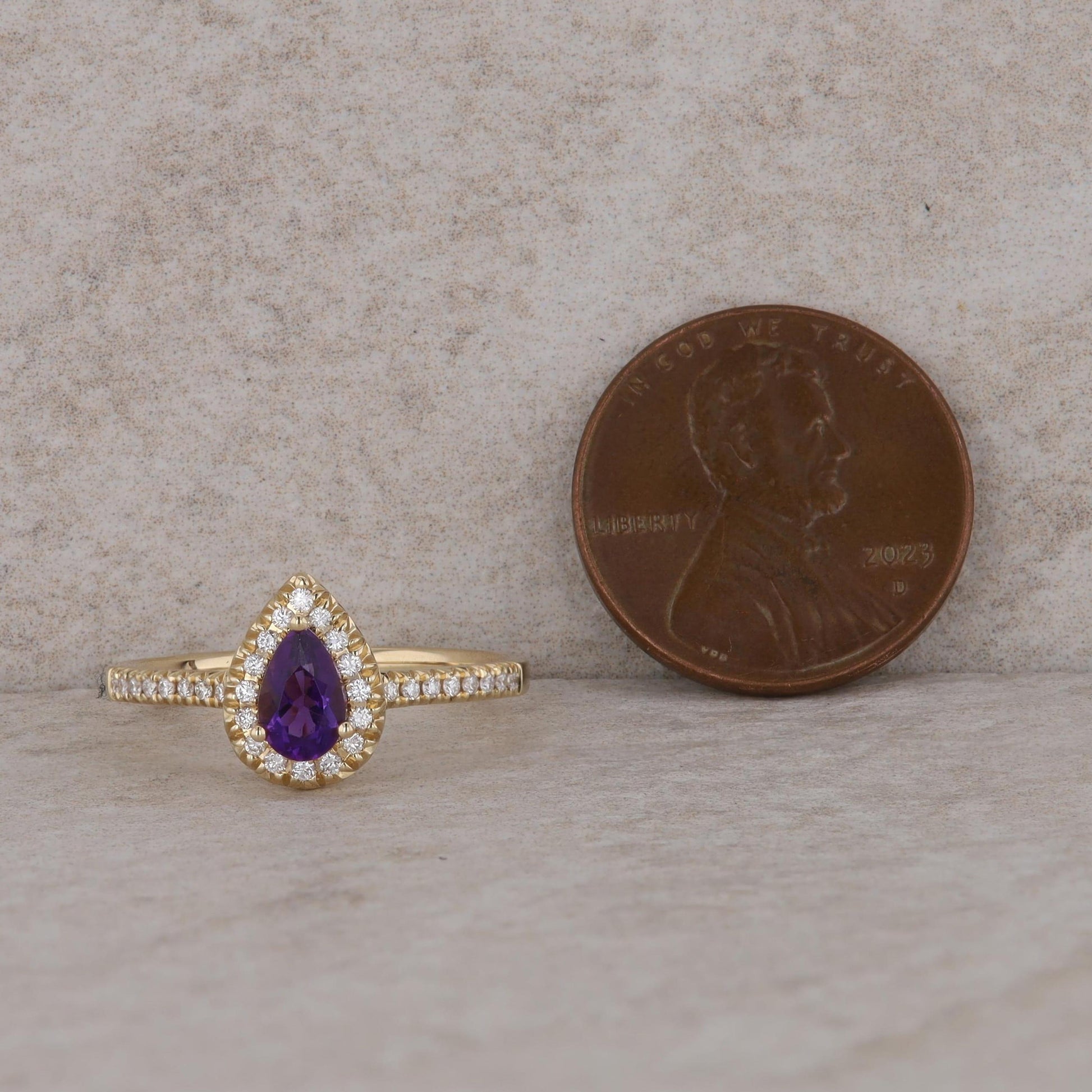 14k Yellow Gold Pear Shaped Amethyst and Diamond Halo Ring