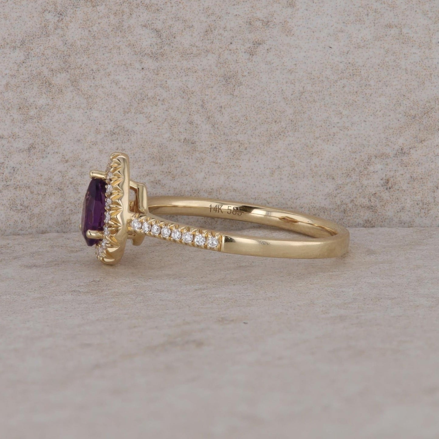 14k Yellow Gold Pear Shaped Amethyst and Diamond Halo Ring