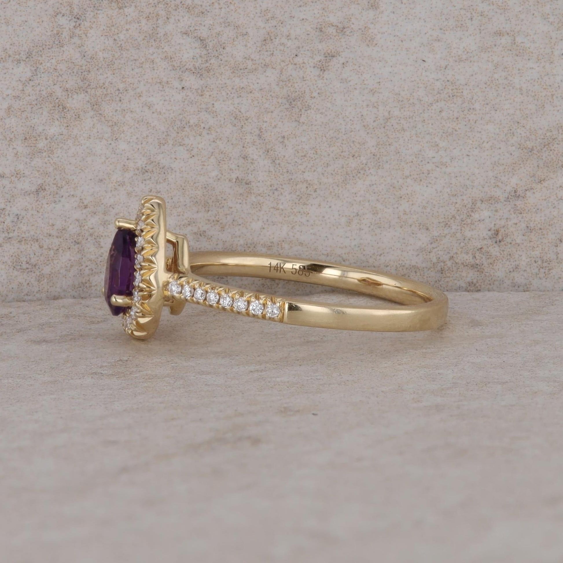 14k Yellow Gold Pear Shaped Amethyst and Diamond Halo Ring