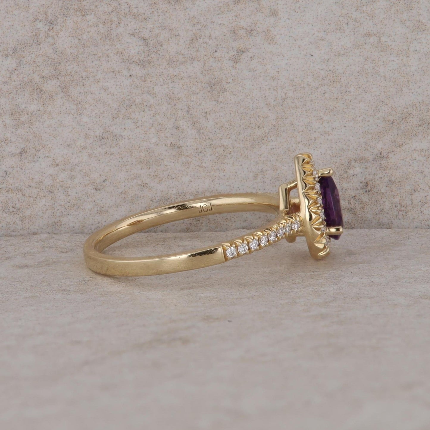 14k Yellow Gold Pear Shaped Amethyst and Diamond Halo Ring