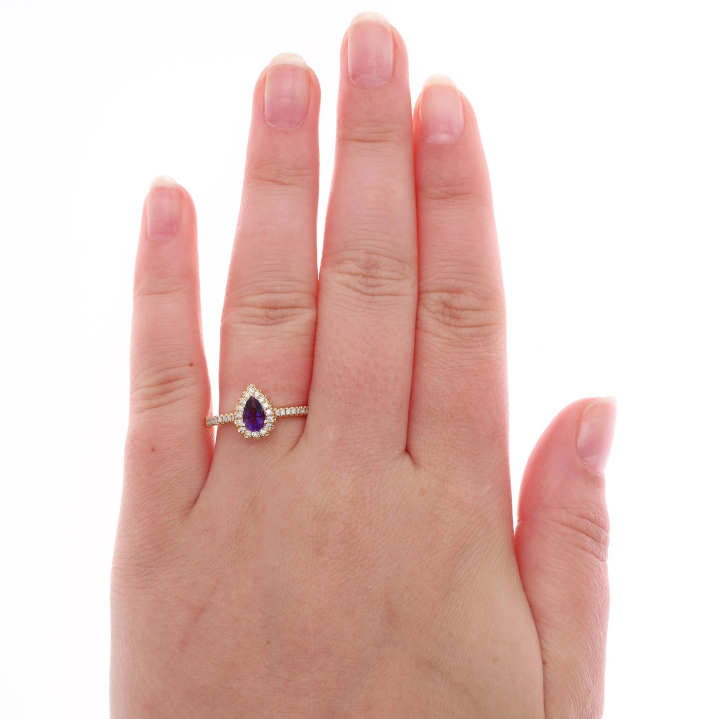 14k Yellow Gold Pear Shaped Amethyst and Diamond Halo Ring