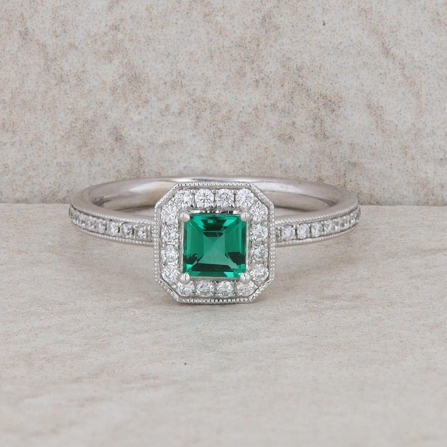 14k White Gold Lab Created Emerald and Diamond Ring