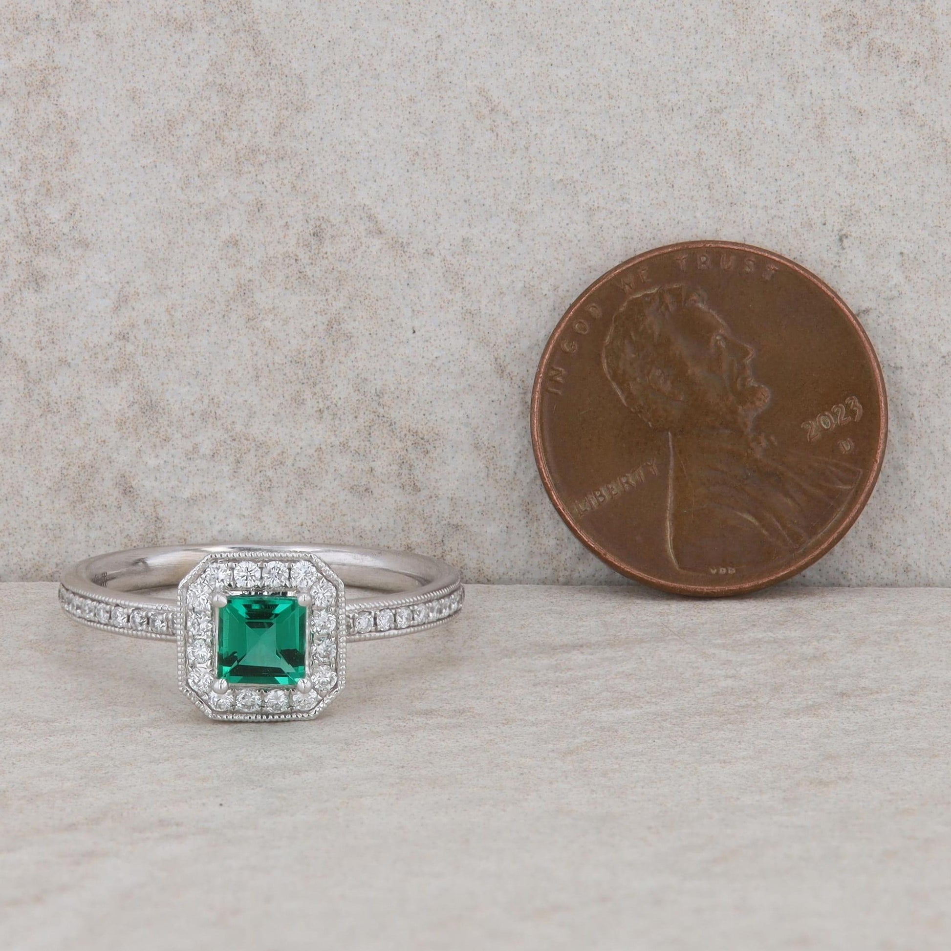 14k White Gold Lab Created Emerald and Diamond Ring