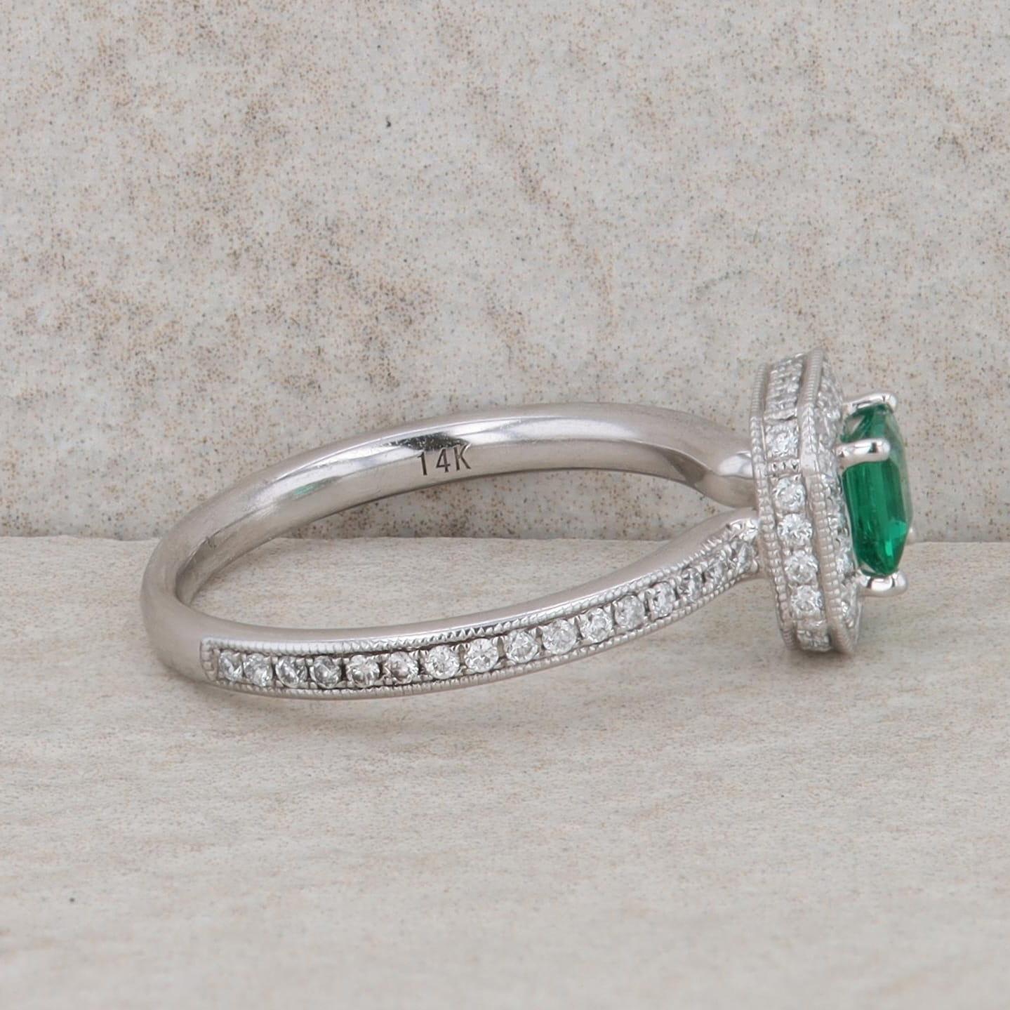 14k White Gold Lab Created Emerald and Diamond Ring