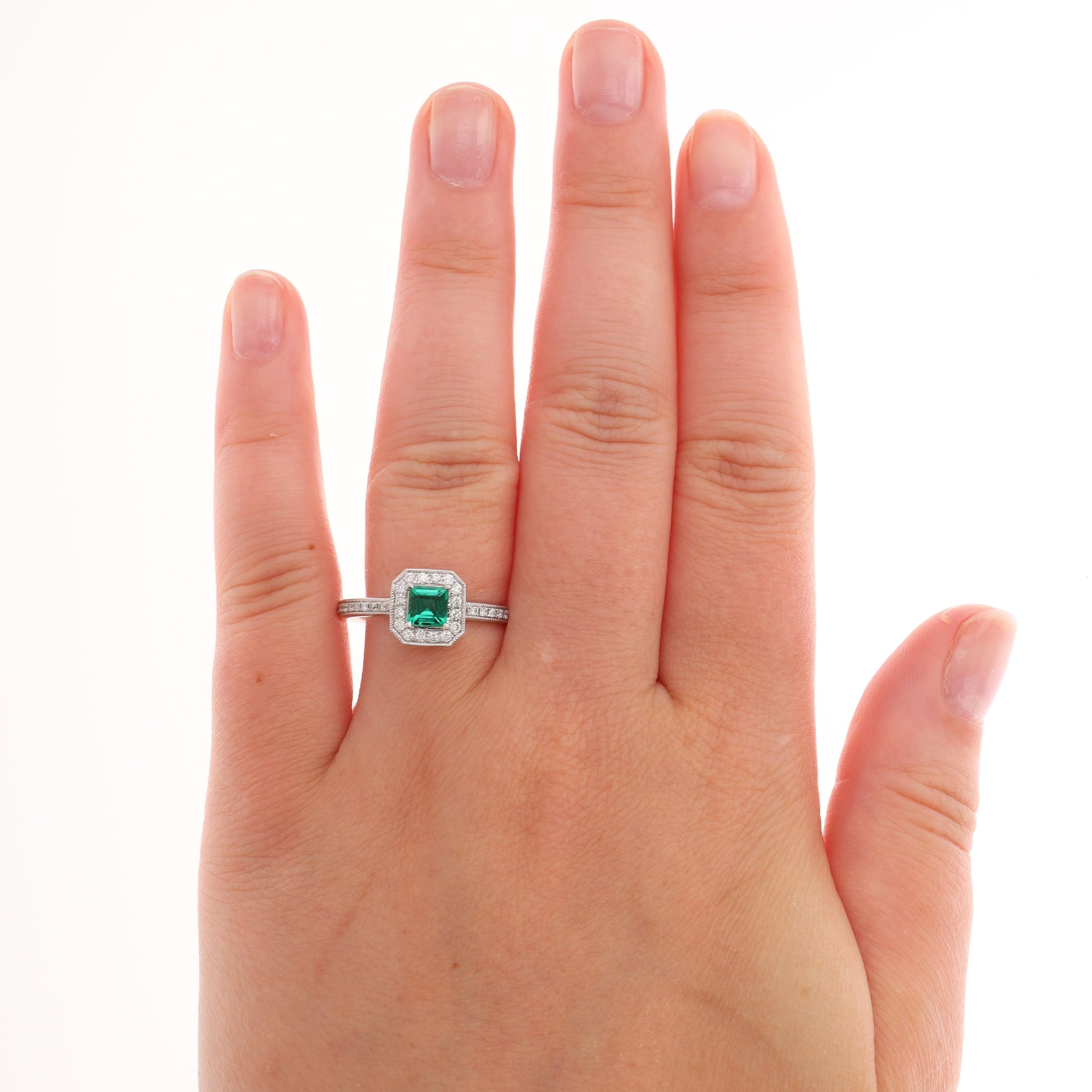 14k White Gold Lab Created Emerald and Diamond Ring