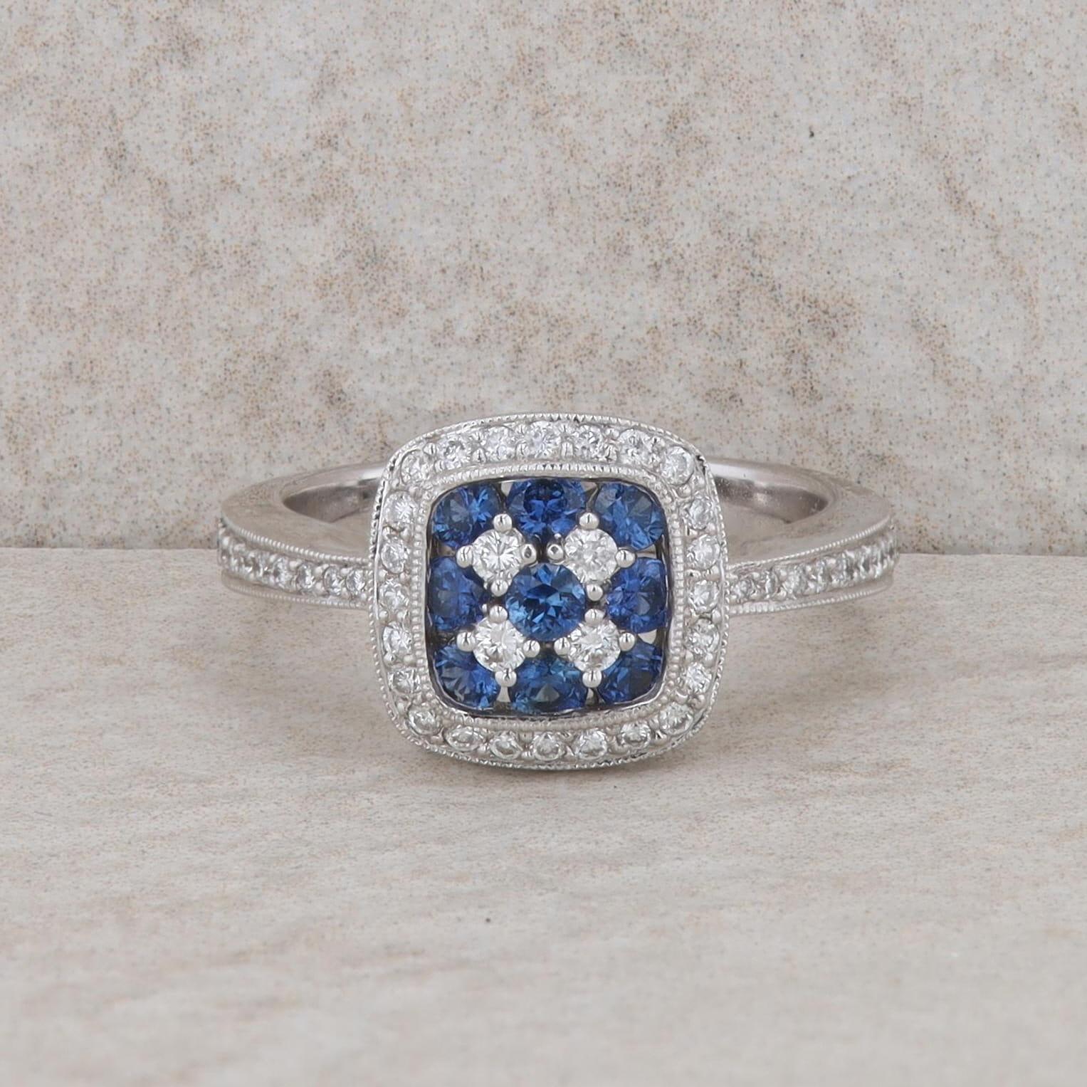 18k White Gold Square Diamond and Sapphire Halo Ring