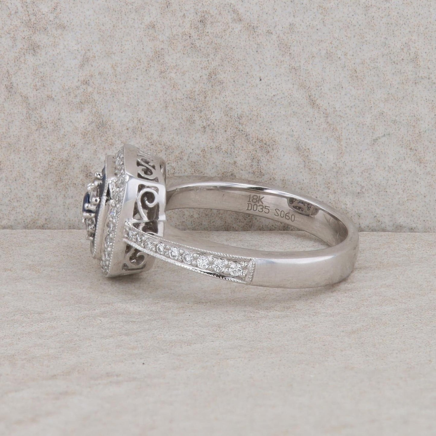 18k White Gold Square Diamond and Sapphire Halo Ring