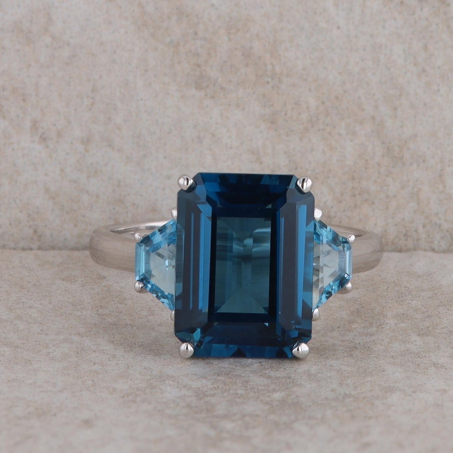 14k White Gold Emerald Cut Swiss and London Blue Topaz Ring