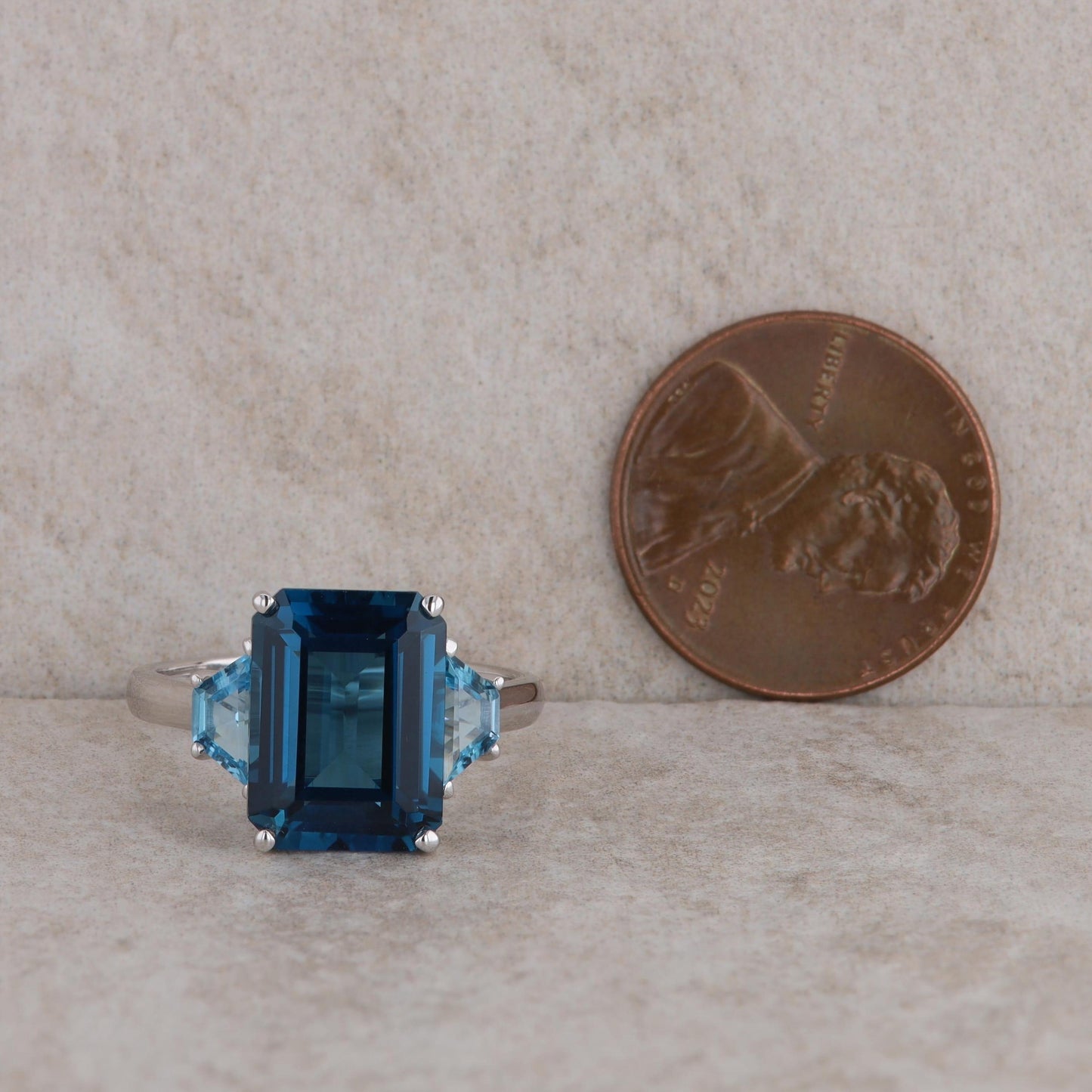 14k White Gold Emerald Cut Swiss and London Blue Topaz Ring