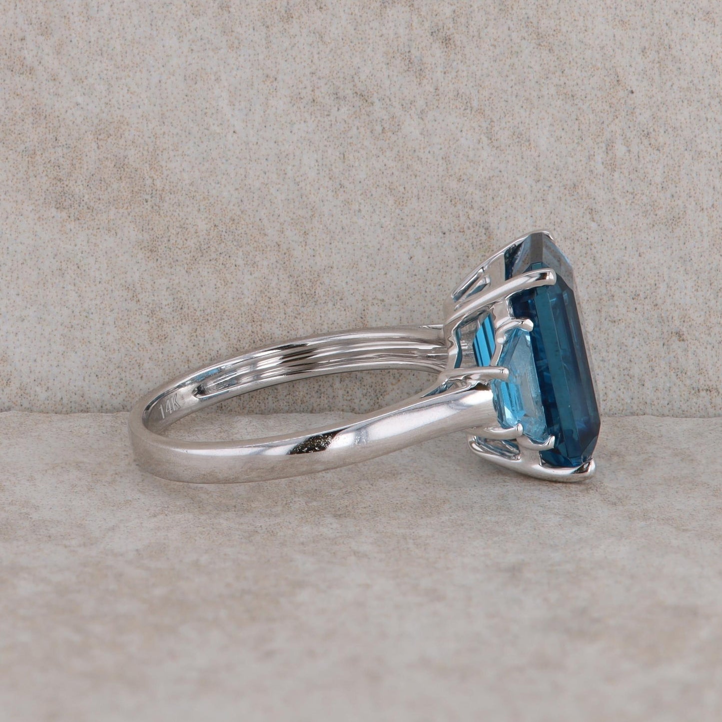 14k White Gold Emerald Cut Swiss and London Blue Topaz Ring