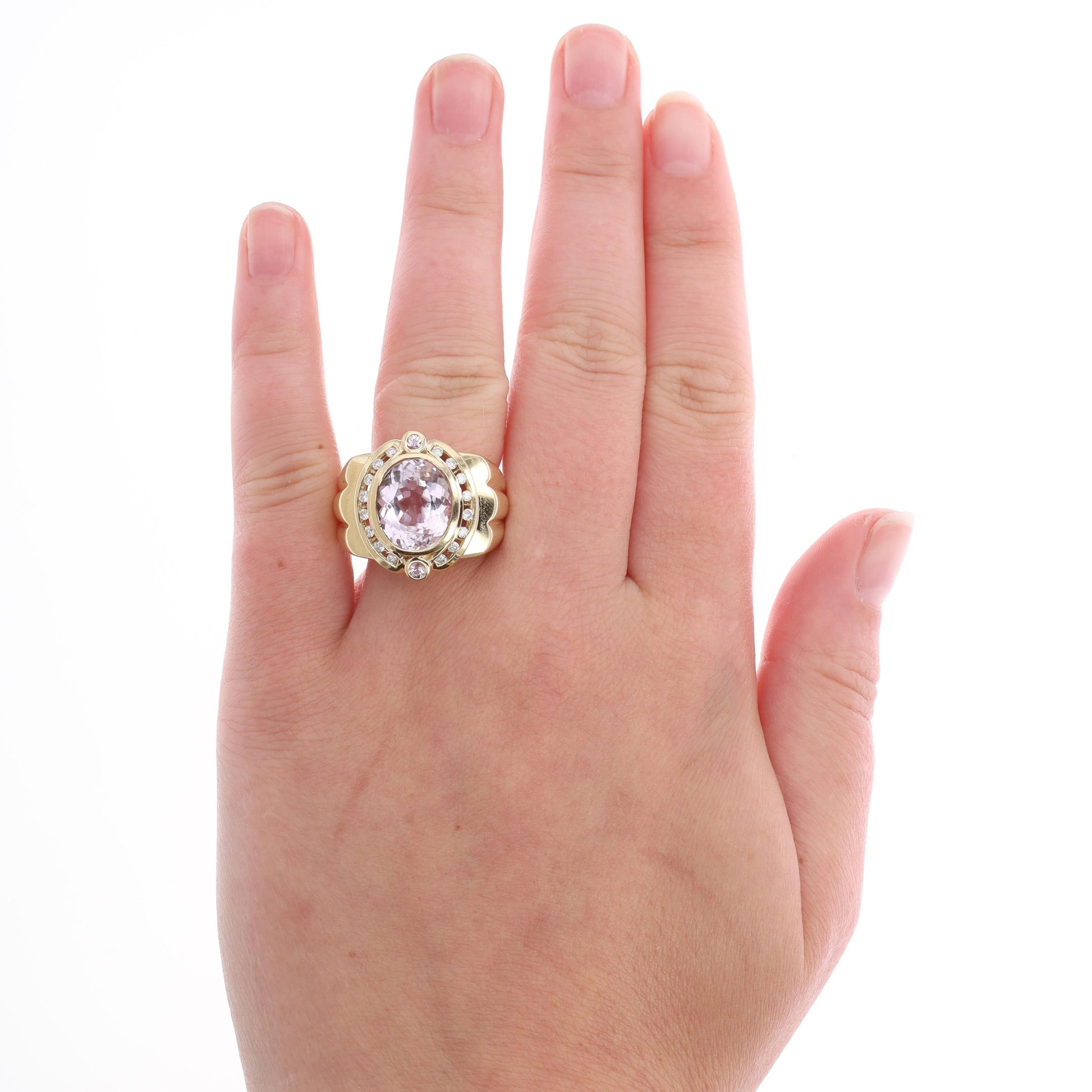 14k Yellow Gold Oval Kunzite and Diamond Halo Ring