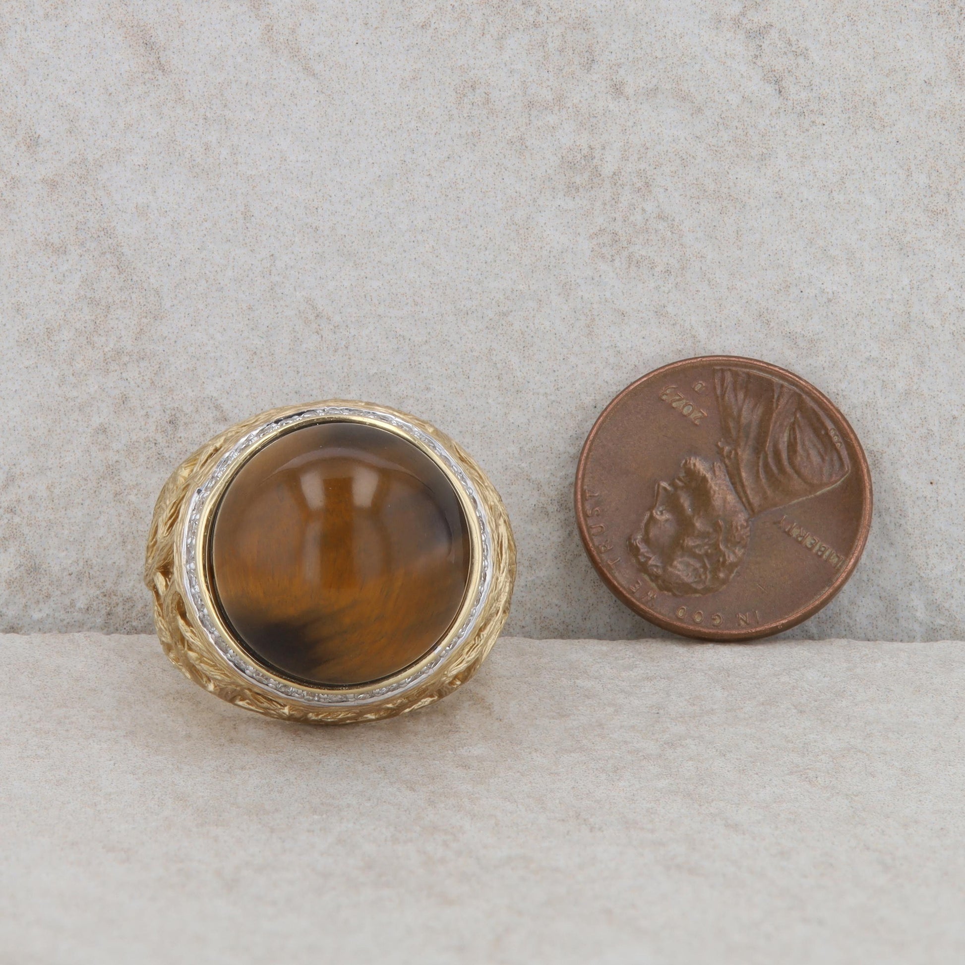 14k Yellow Gold Tigers Eye and Diamond Freeform Ring