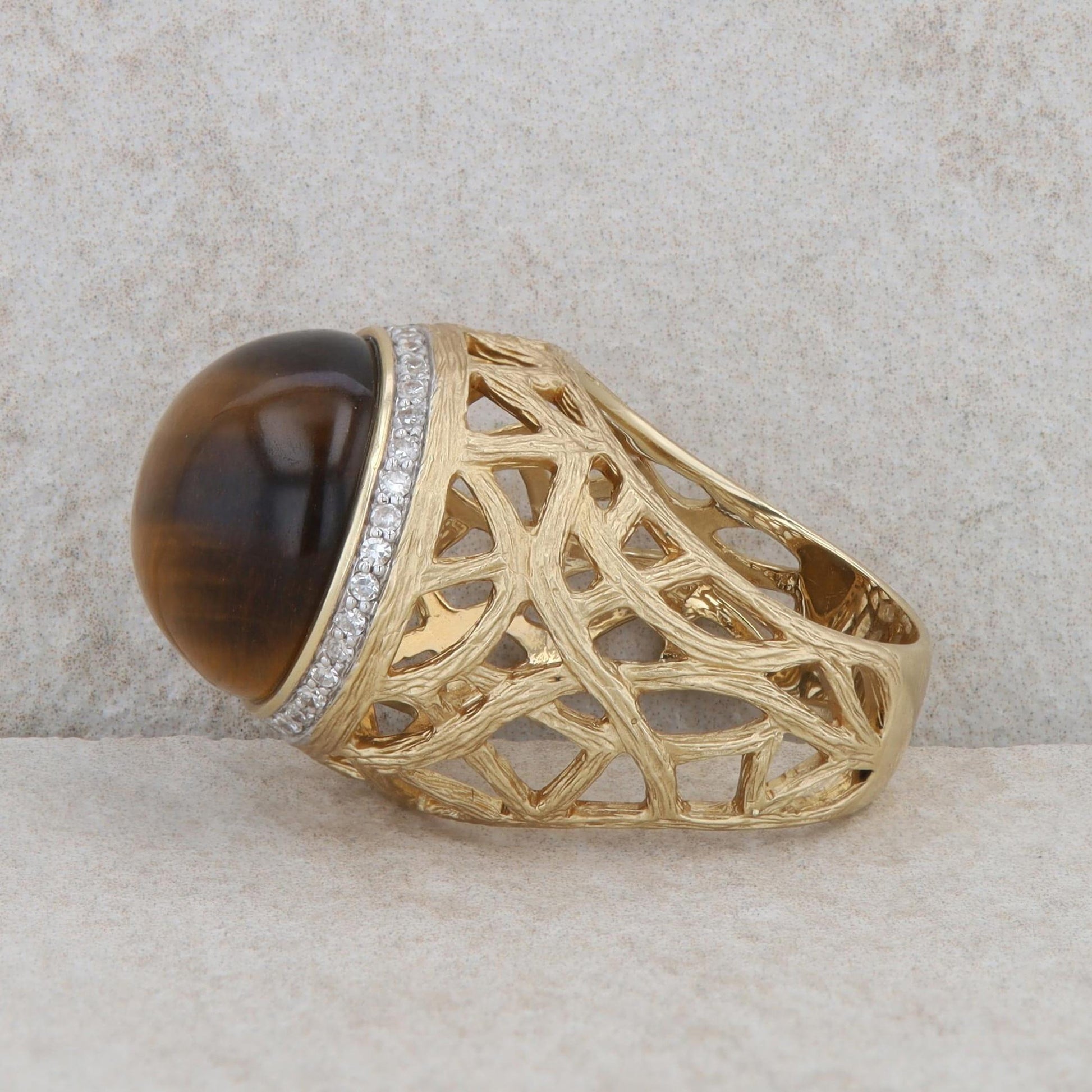 14k Yellow Gold Tigers Eye and Diamond Freeform Ring