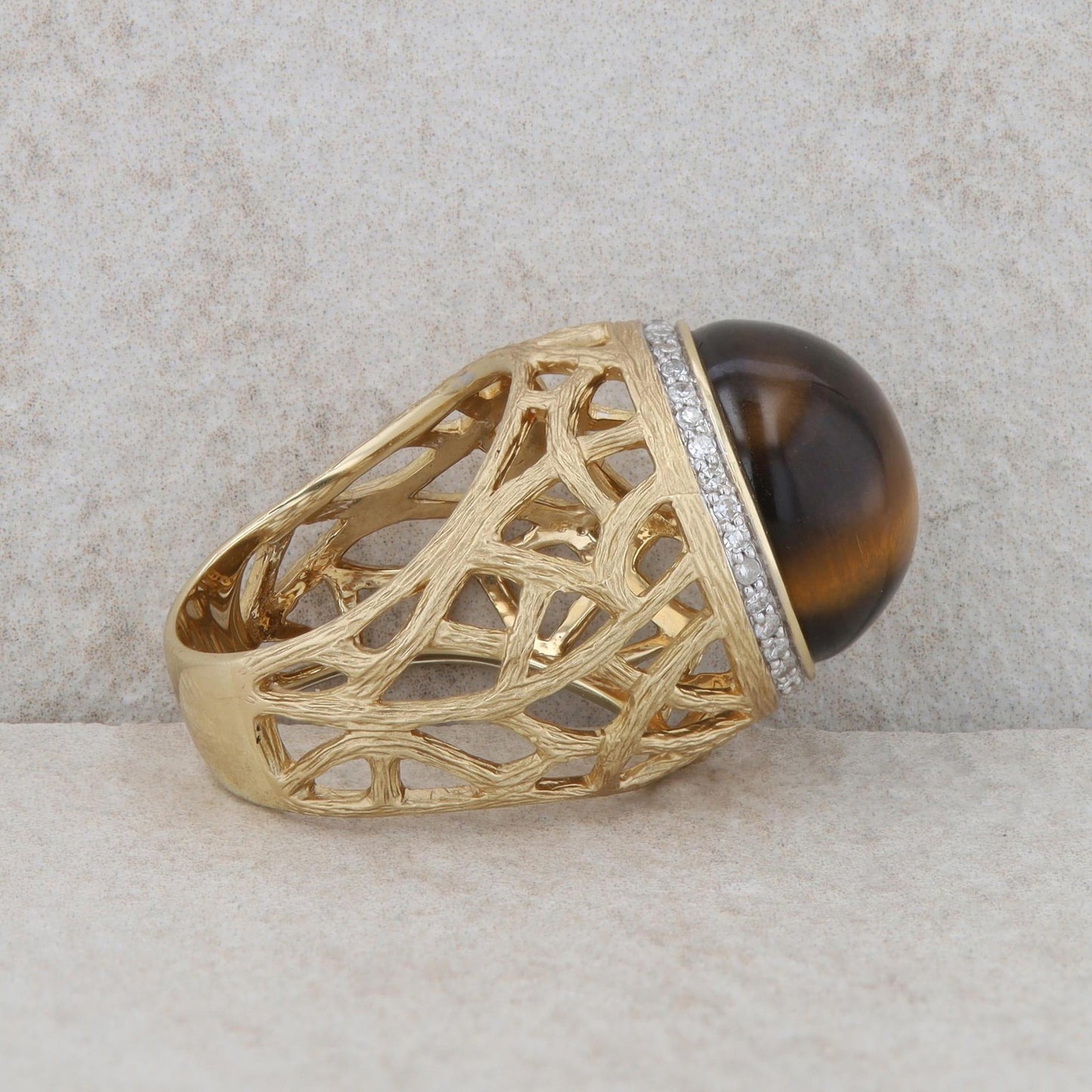 14k Yellow Gold Tigers Eye and Diamond Freeform Ring