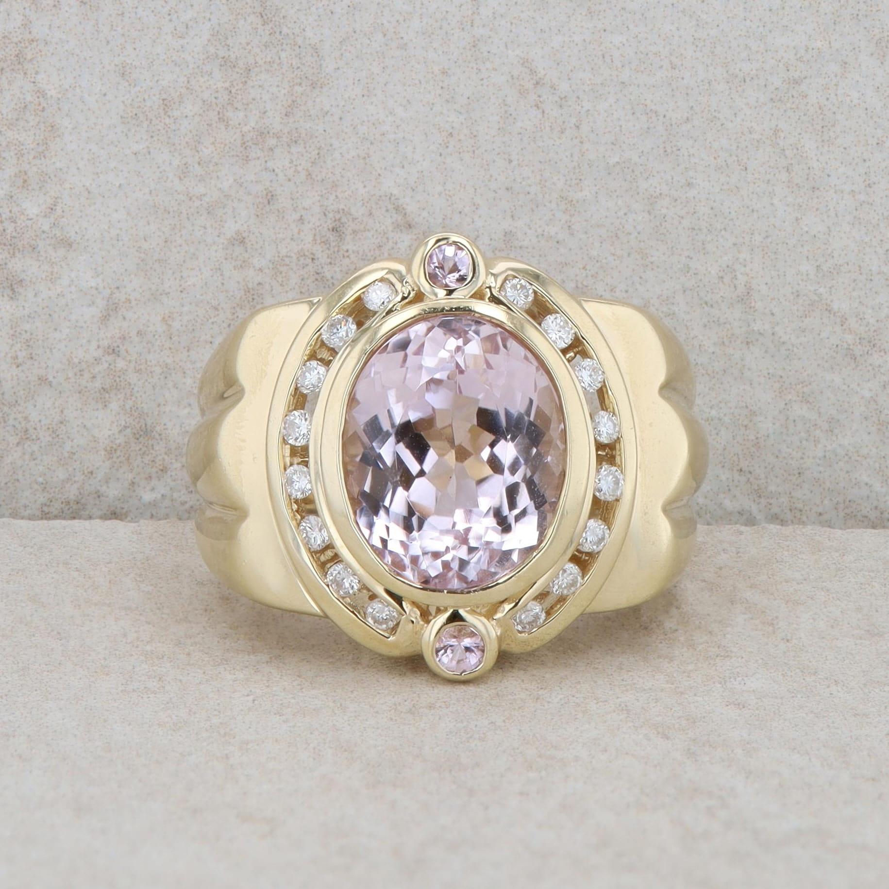 14k Yellow Gold Oval Kunzite and Diamond Halo Ring