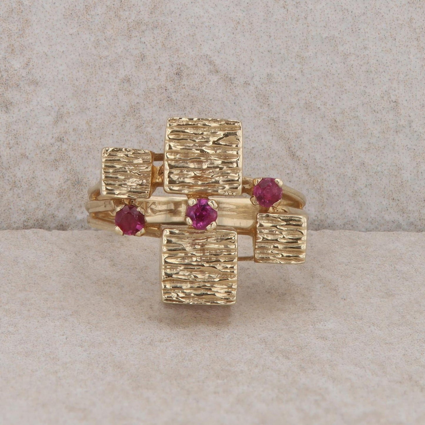 14k Yellow Gold Ruby Textured Cube Ring