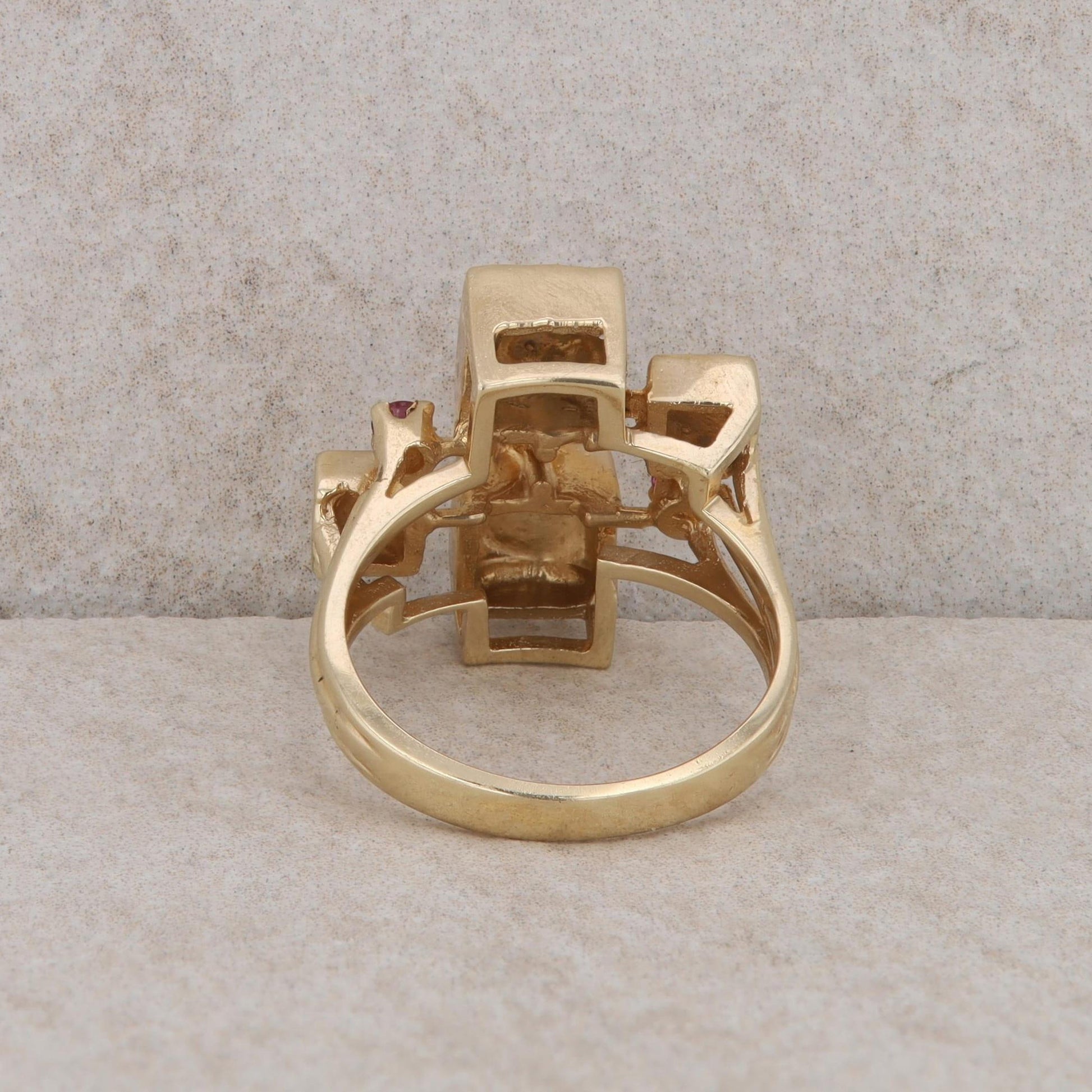 14k Yellow Gold Ruby Textured Cube Ring