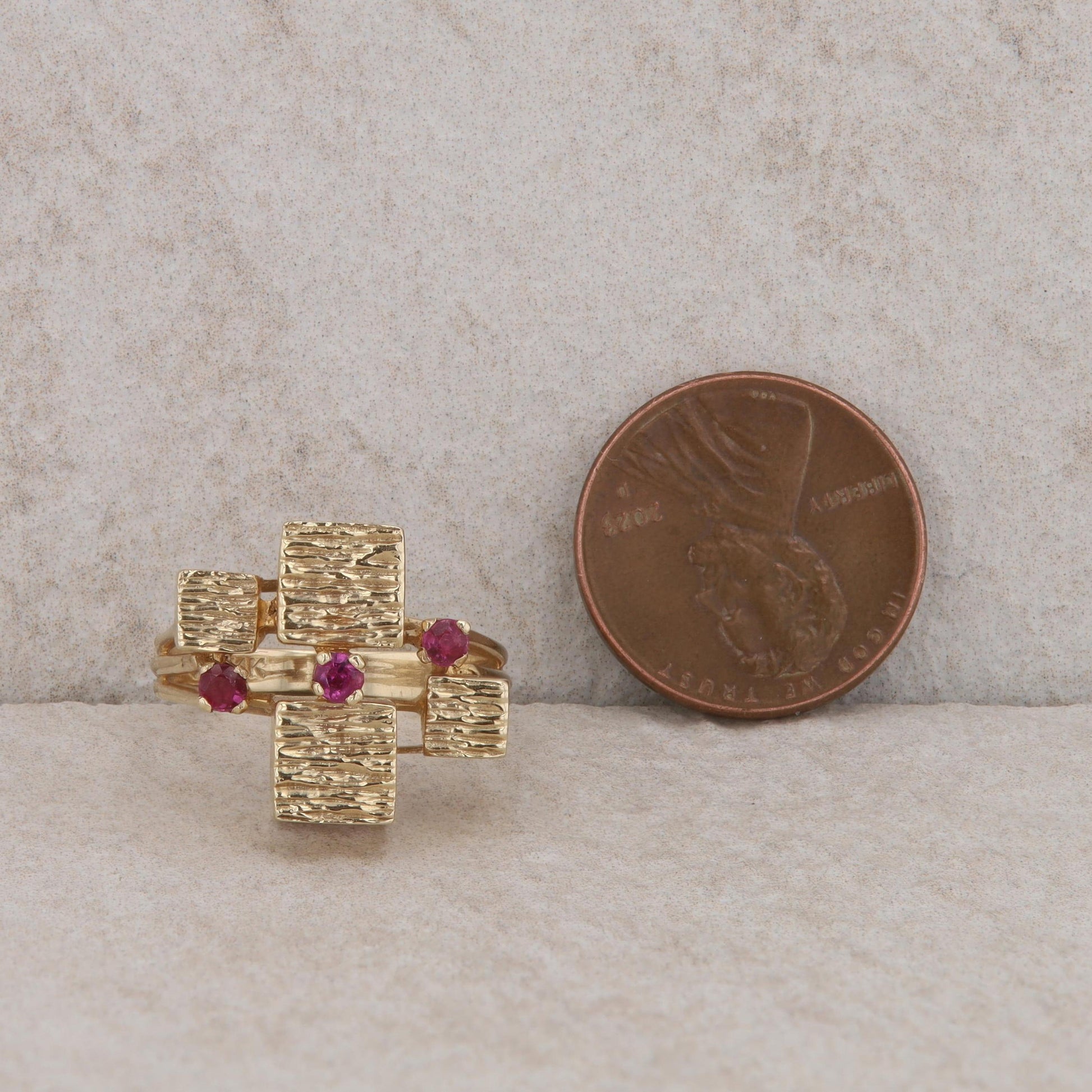 14k Yellow Gold Ruby Textured Cube Ring