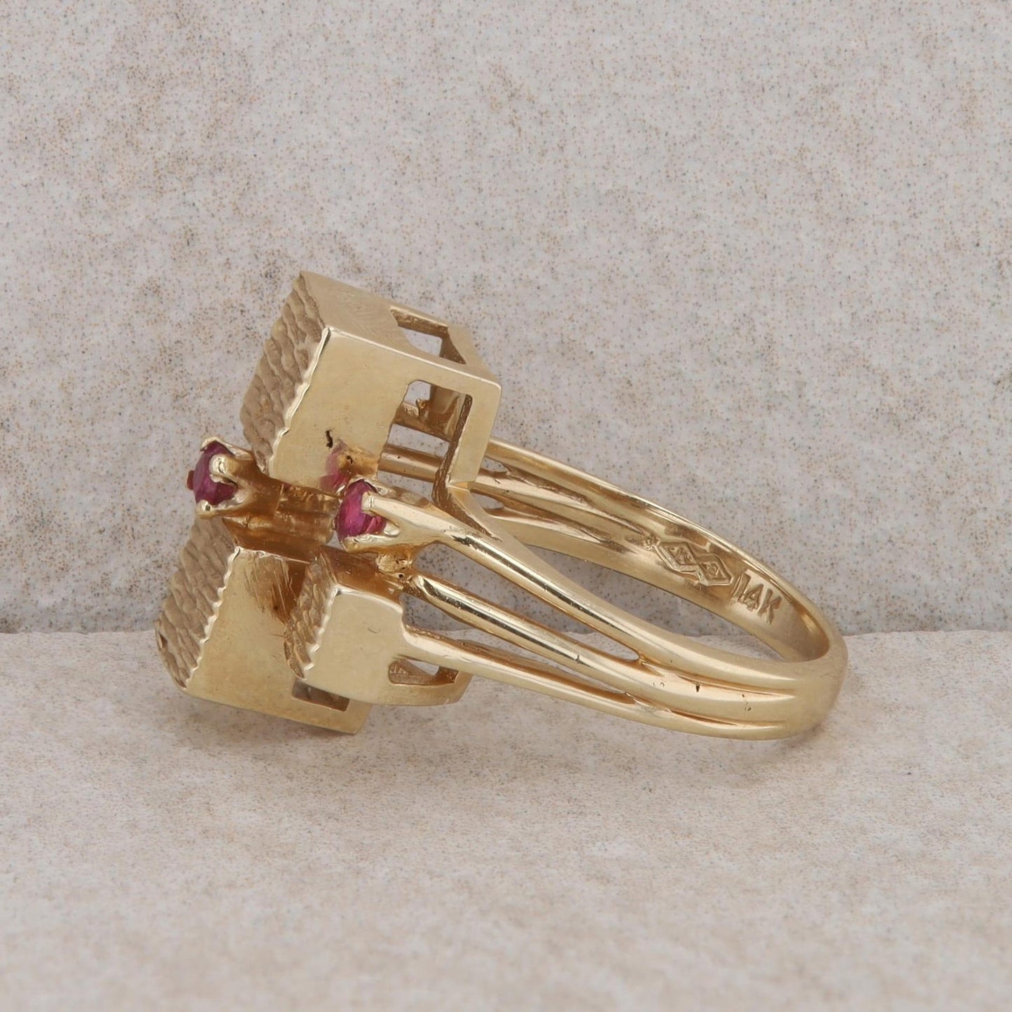 14k Yellow Gold Ruby Textured Cube Ring