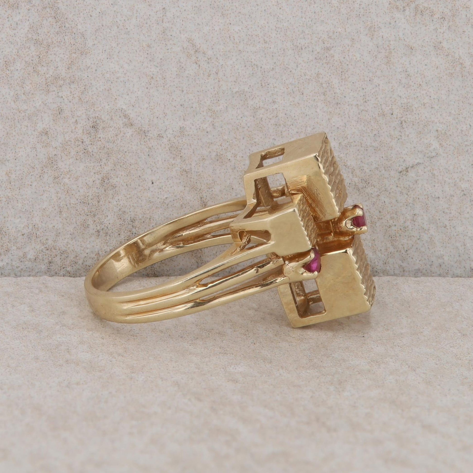 14k Yellow Gold Ruby Textured Cube Ring