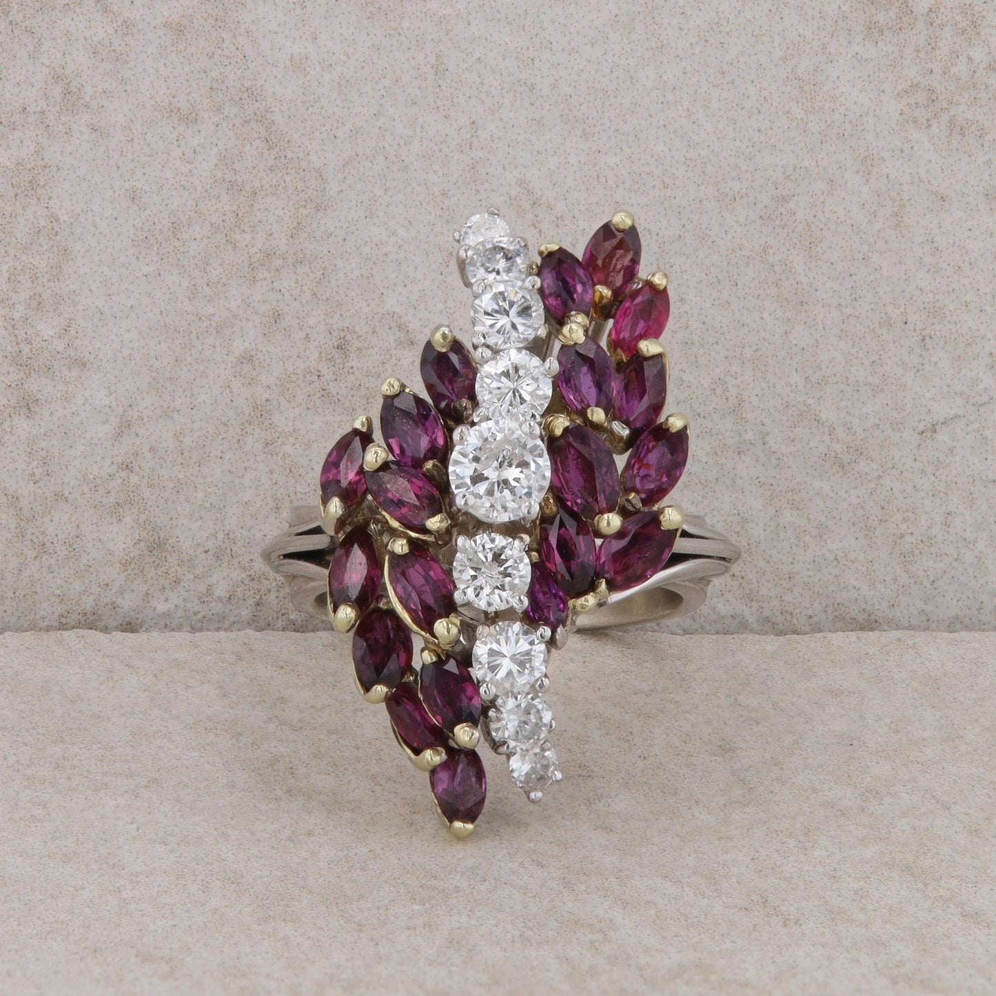 14k White and Yellow Gold Ruby and Diamond Cluster Ring