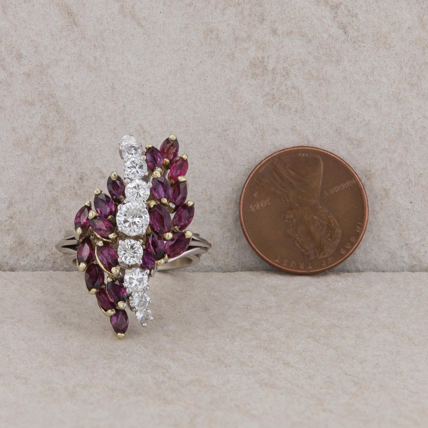 14k White and Yellow Gold Ruby and Diamond Cluster Ring