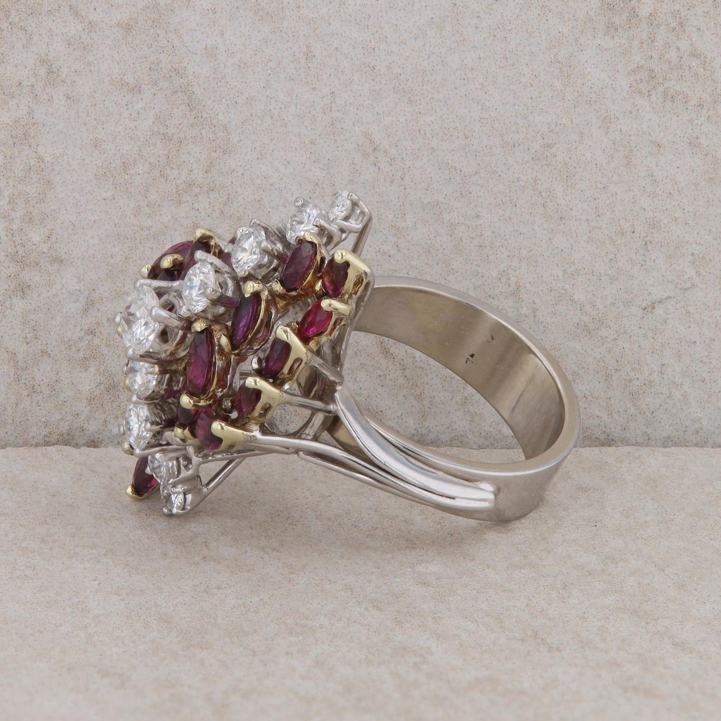 14k White and Yellow Gold Ruby and Diamond Cluster Ring