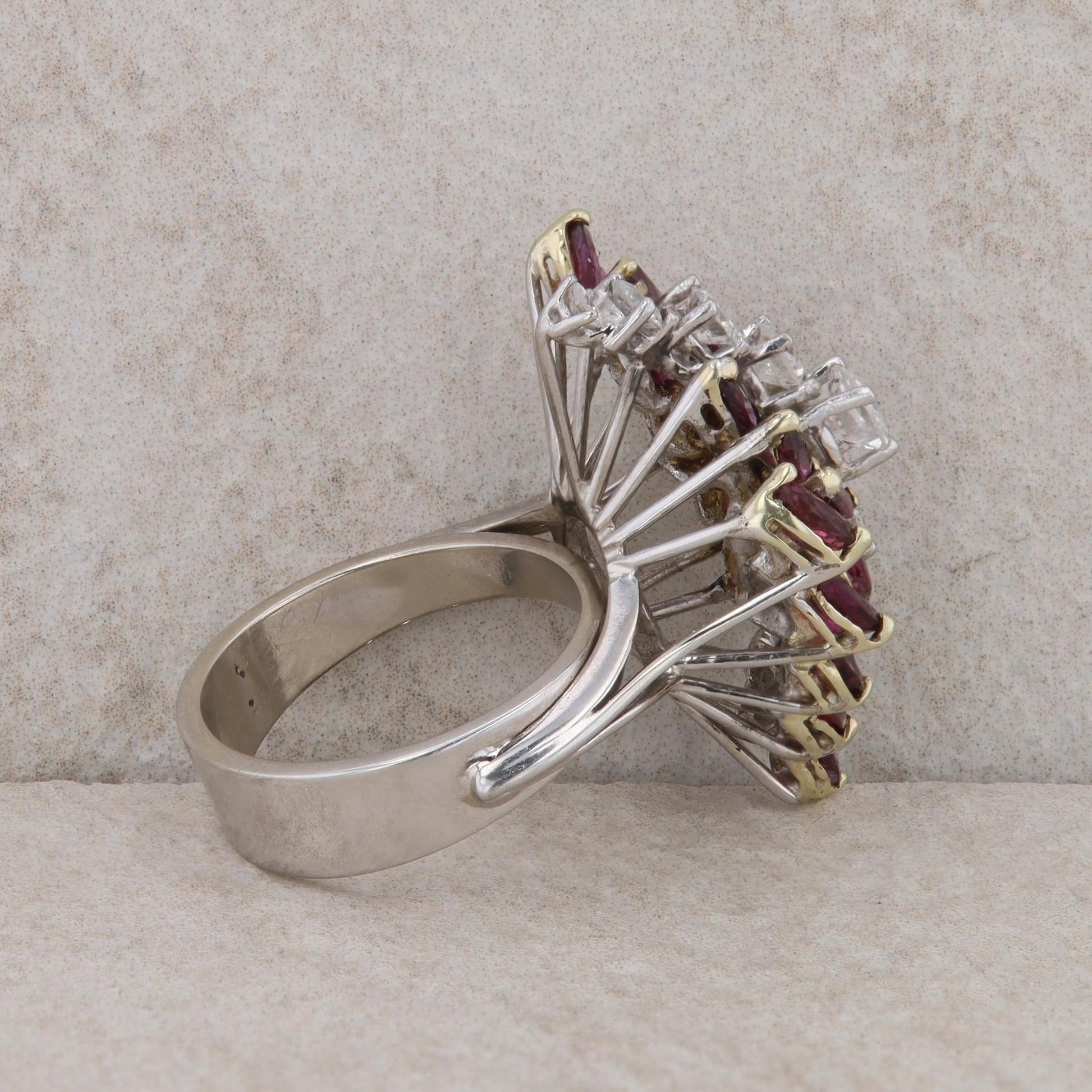 14k White and Yellow Gold Ruby and Diamond Cluster Ring