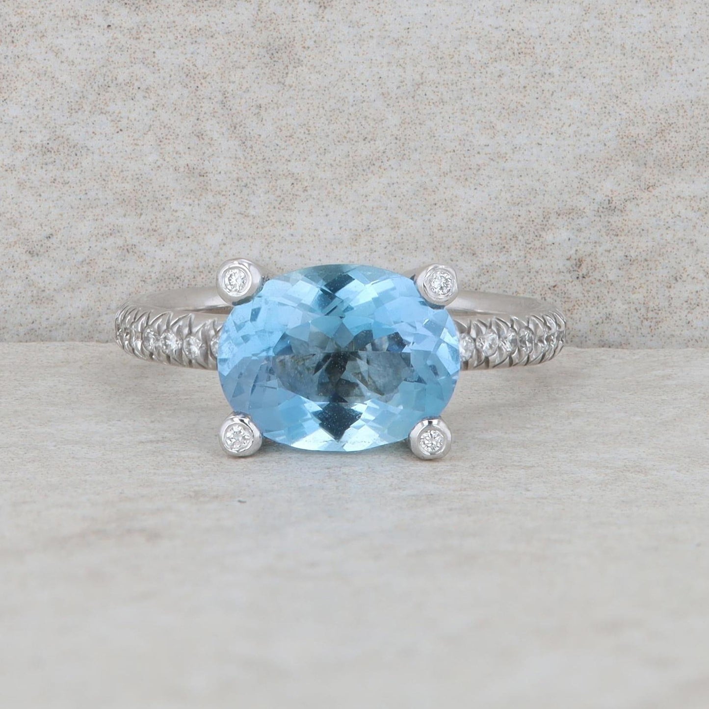 18k White Gold East to West Aquamarine and Diamond Ring