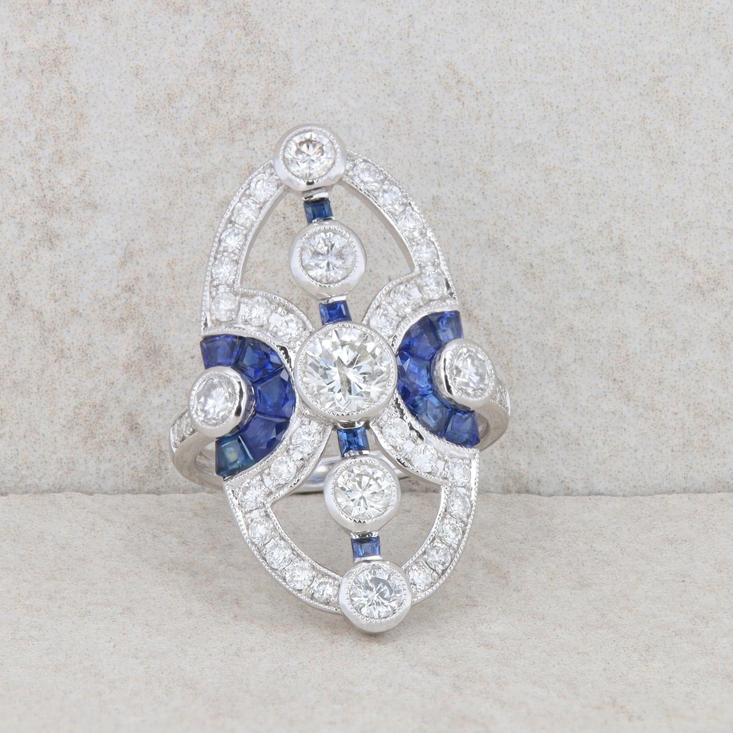 14k White Gold Sapphire and Diamond Oval Cut Out Ring