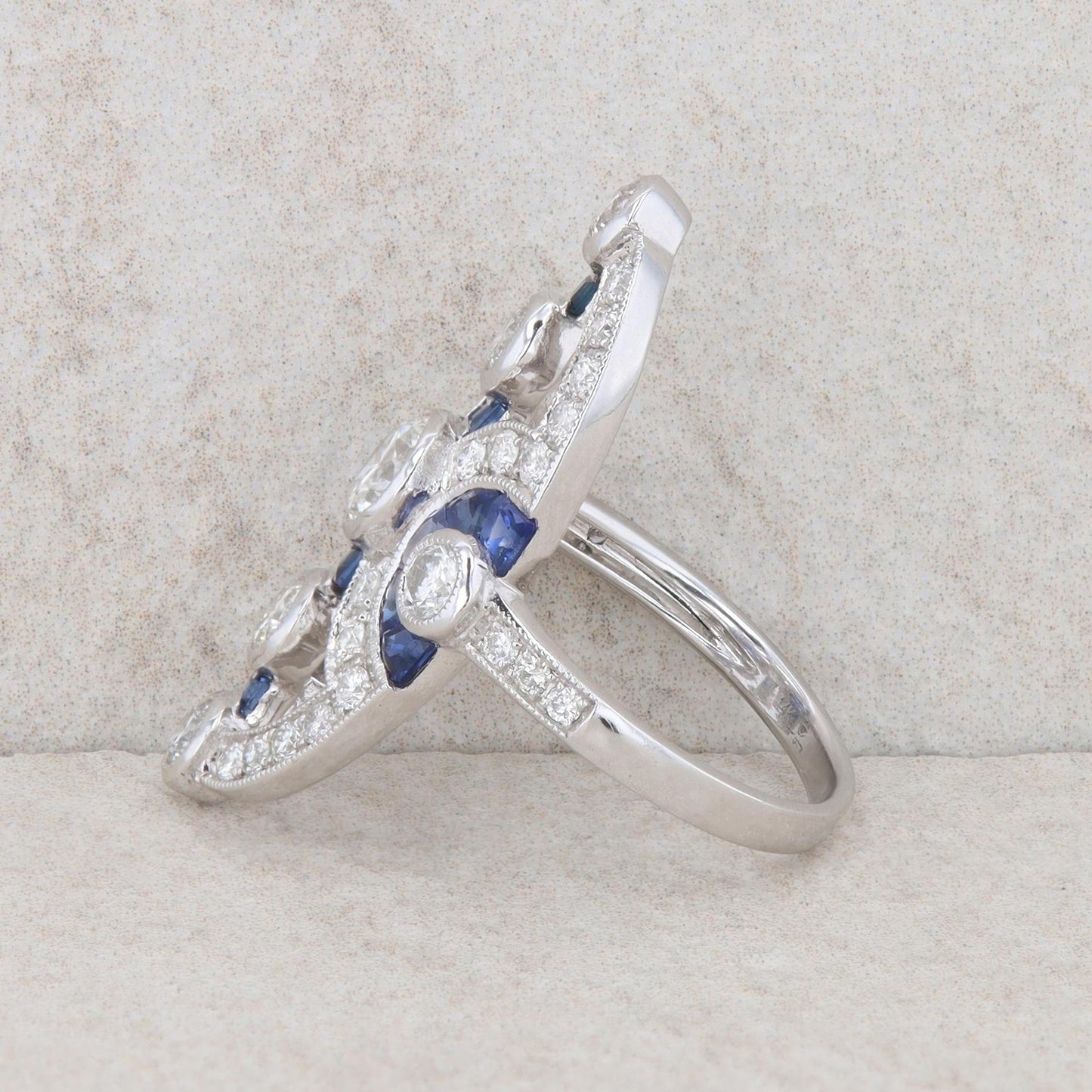 14k White Gold Sapphire and Diamond Oval Cut Out Ring