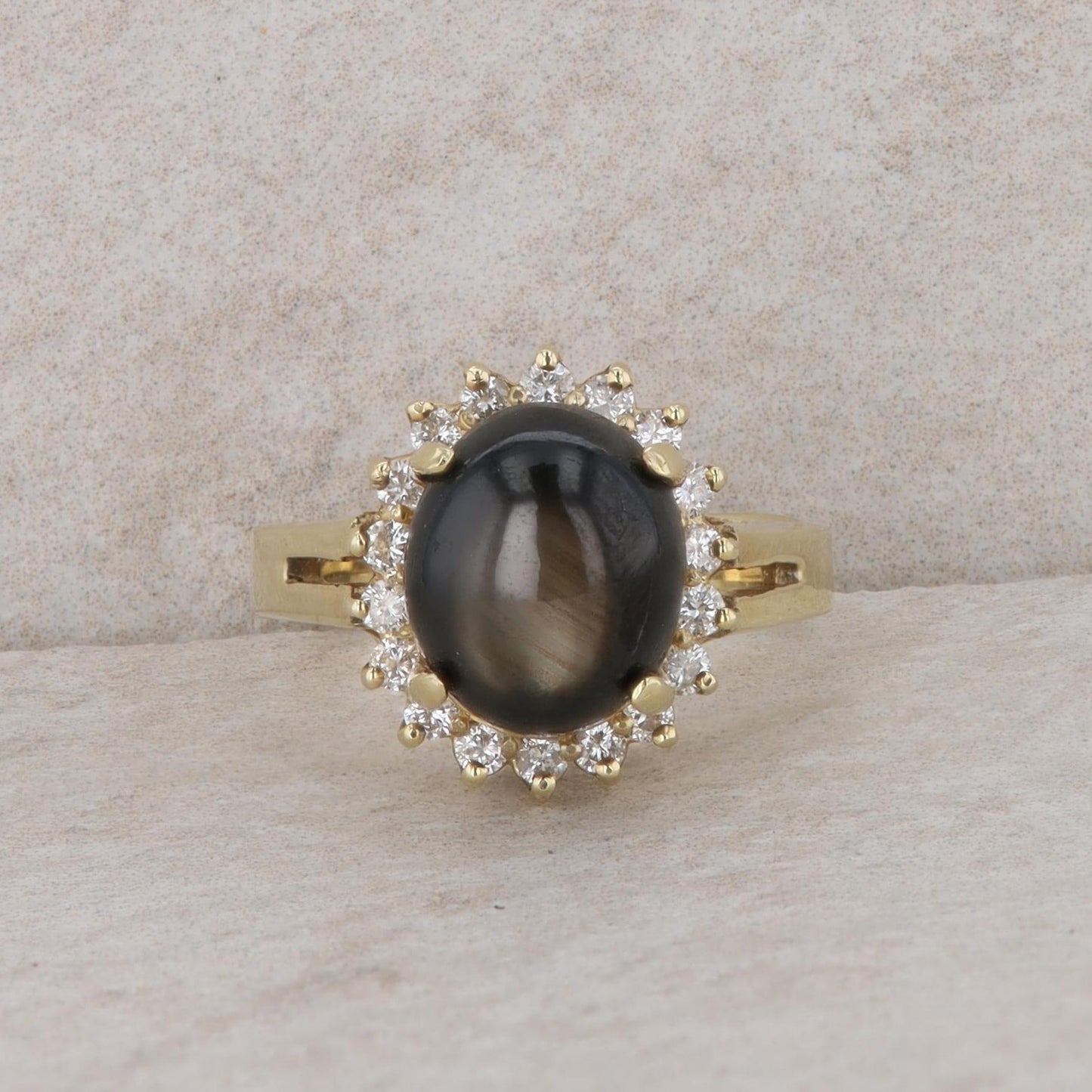 14k Yellow Gold Black Star Sapphire and Diamond Halo Ring