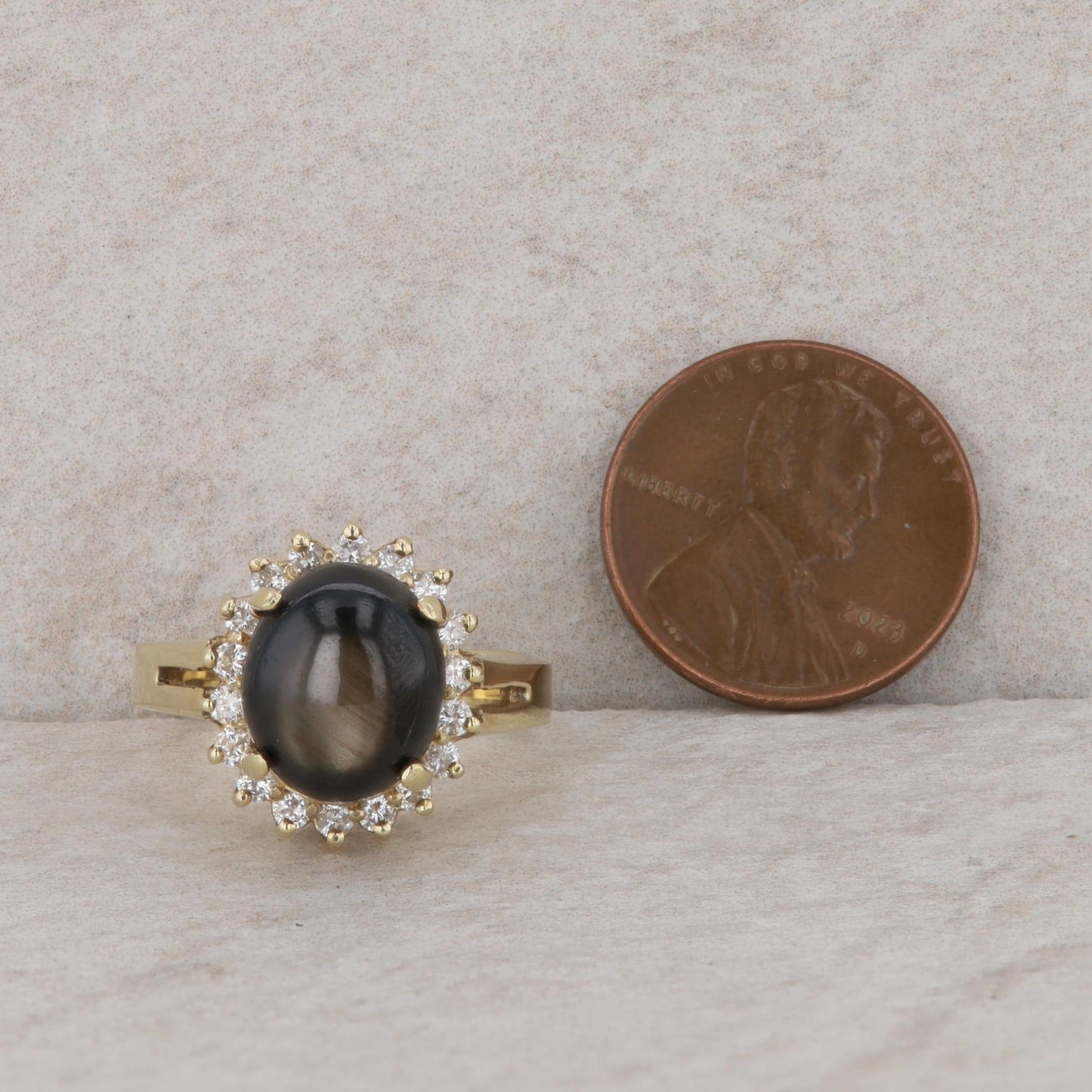 14k Yellow Gold Black Star Sapphire and Diamond Halo Ring