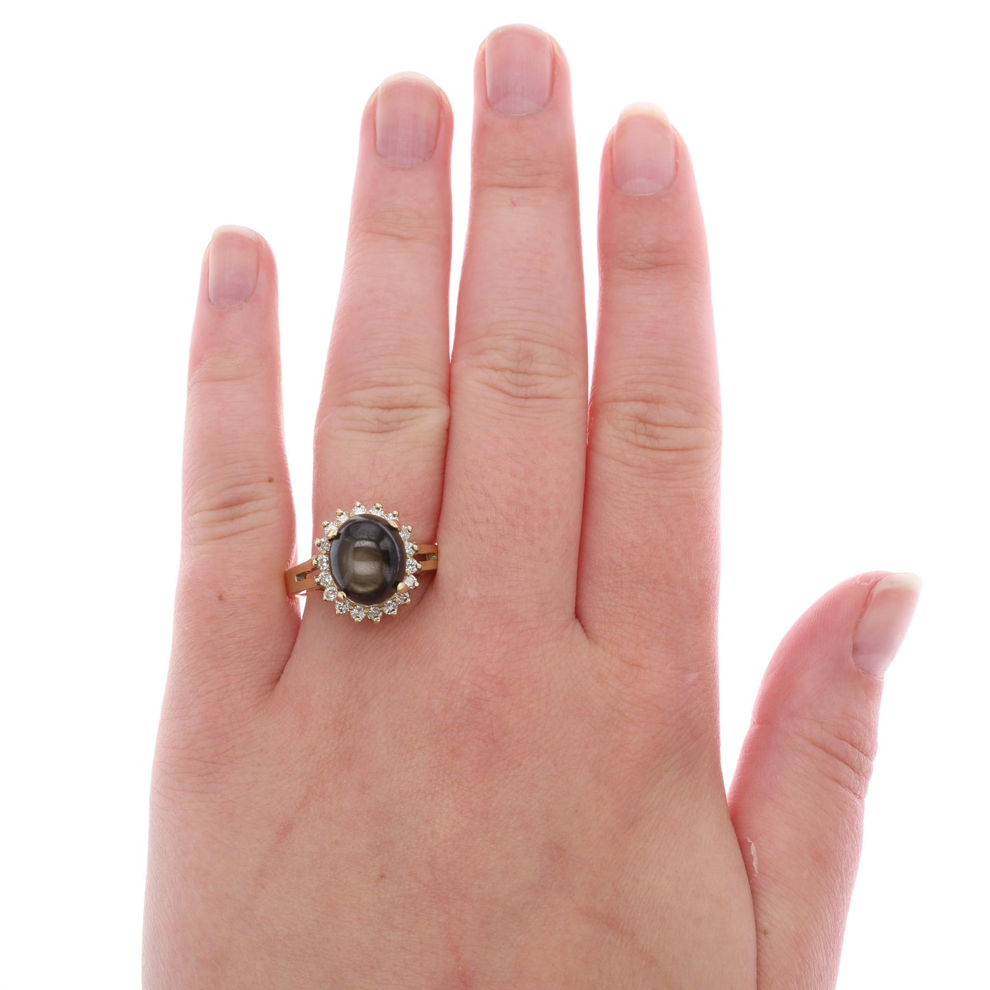 14k Yellow Gold Black Star Sapphire and Diamond Halo Ring