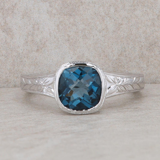 14k White Gold Cushion London Blue Topaz Hand Engraved Ring