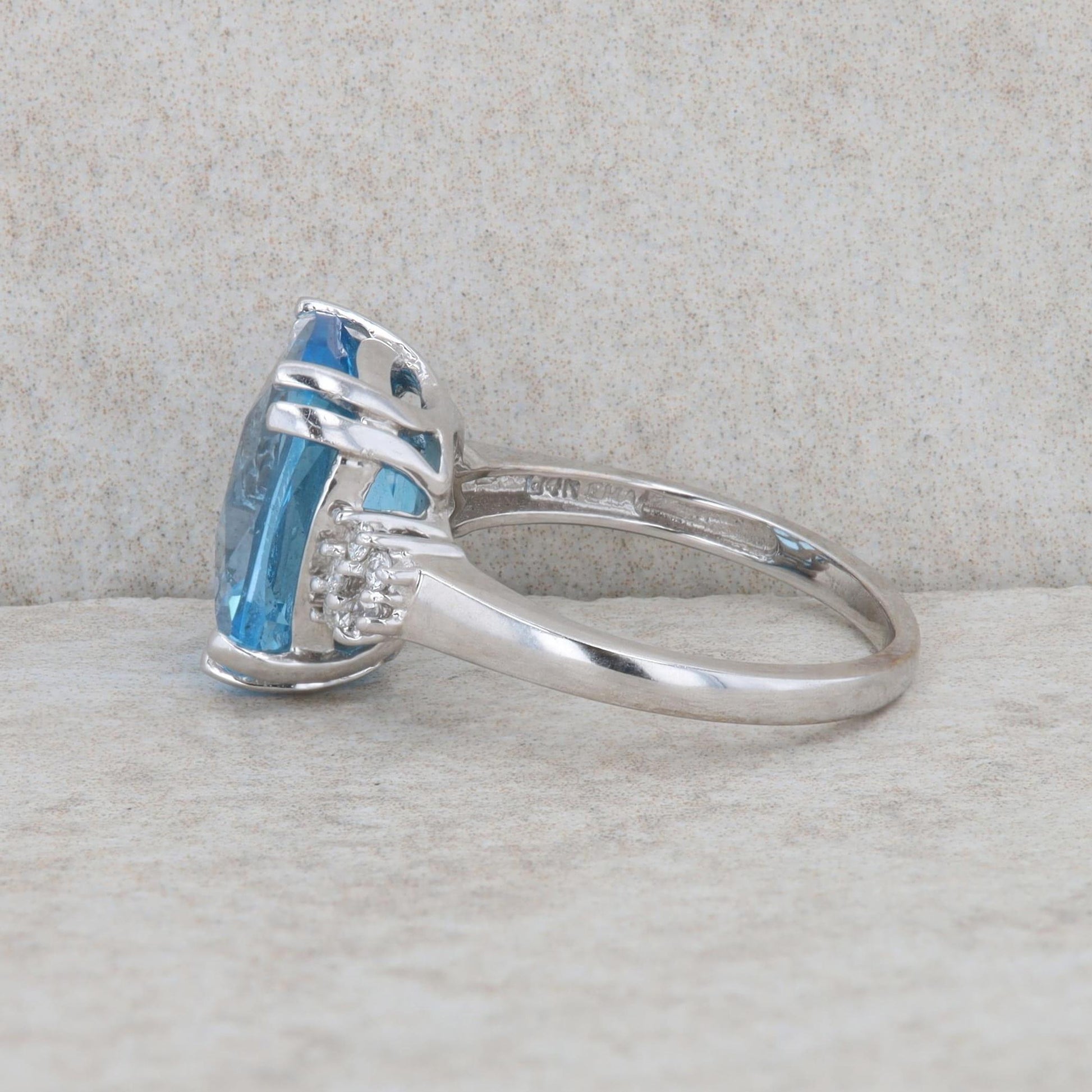 14k White Gold Blue Topaz and Diamond Ring