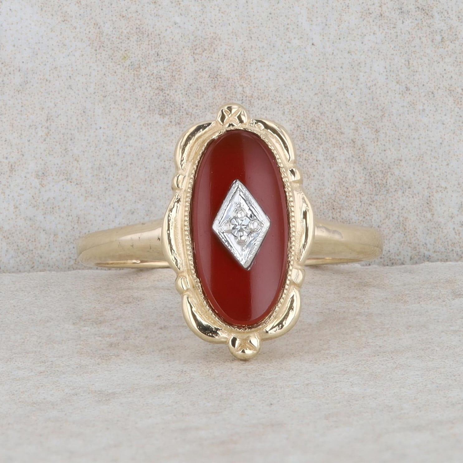 10k Yellow Gold Carnelian and Diamond Oval Ring