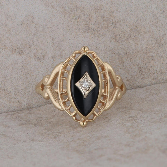 10k Yellow Gold Onyx and Diamond Ring