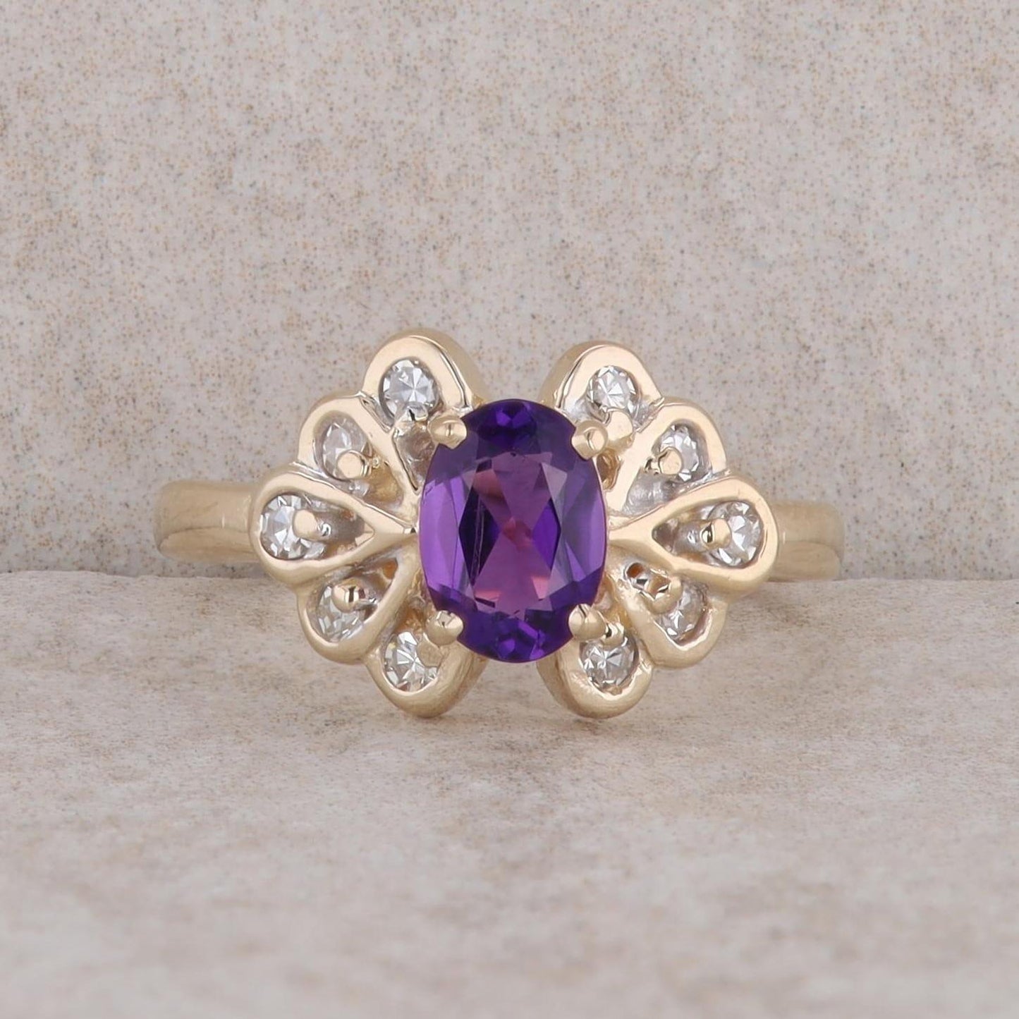 14k Yellow Gold Oval Amethyst and Diamond Ring