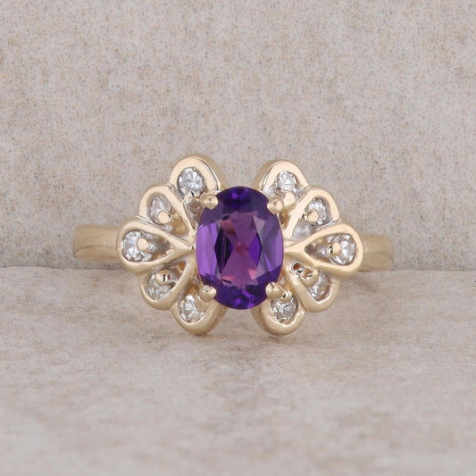 14k Yellow Gold Oval Amethyst and Diamond Ring