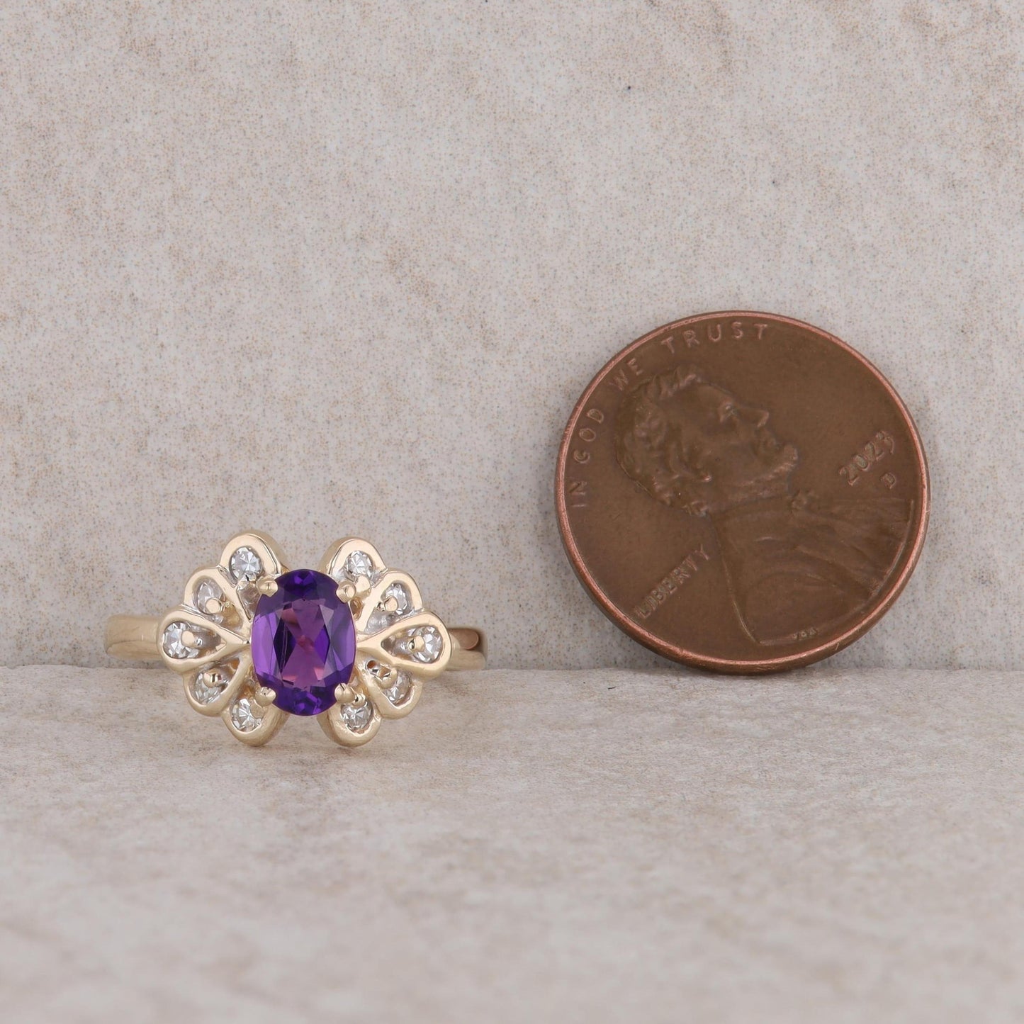 14k Yellow Gold Oval Amethyst and Diamond Ring