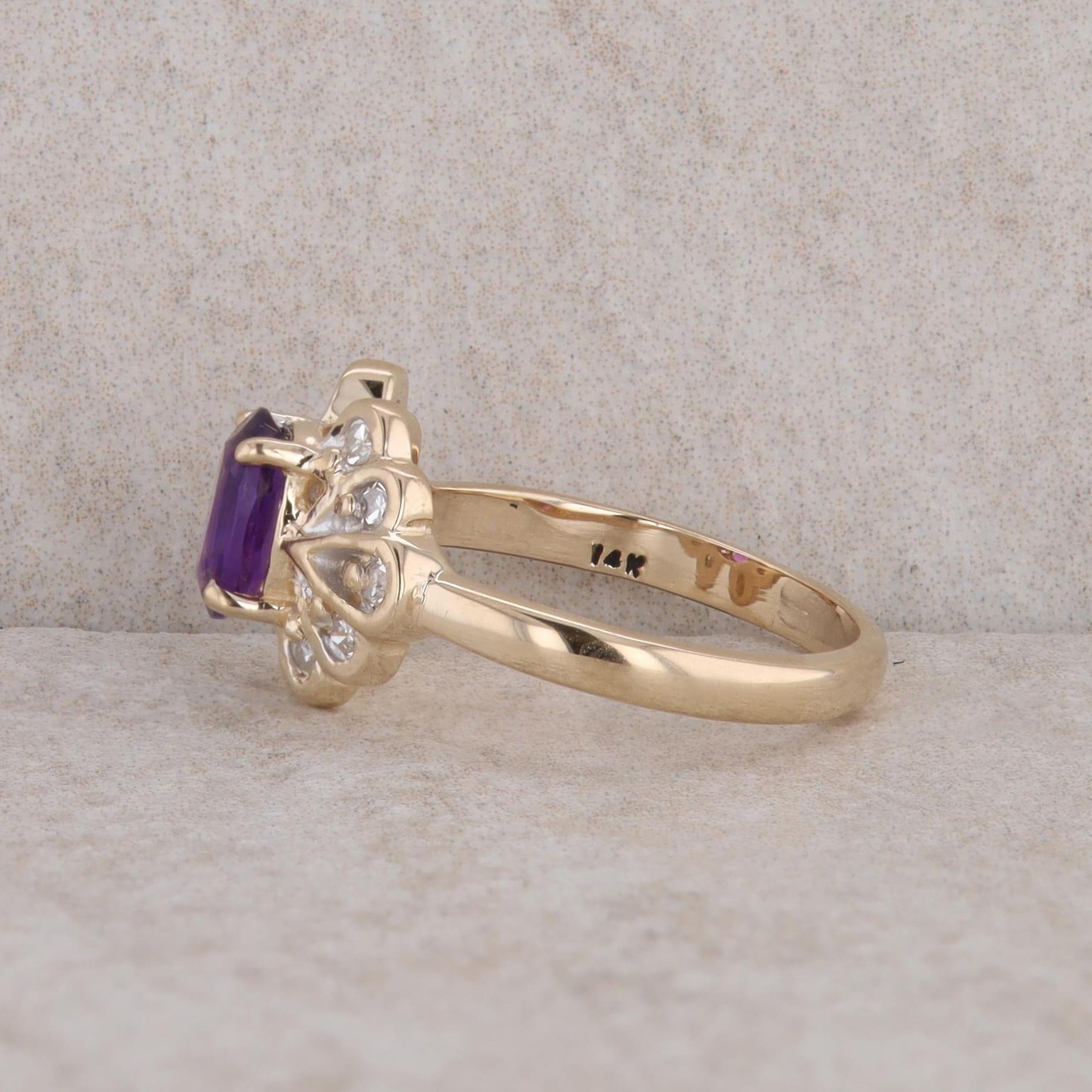 14k Yellow Gold Oval Amethyst and Diamond Ring