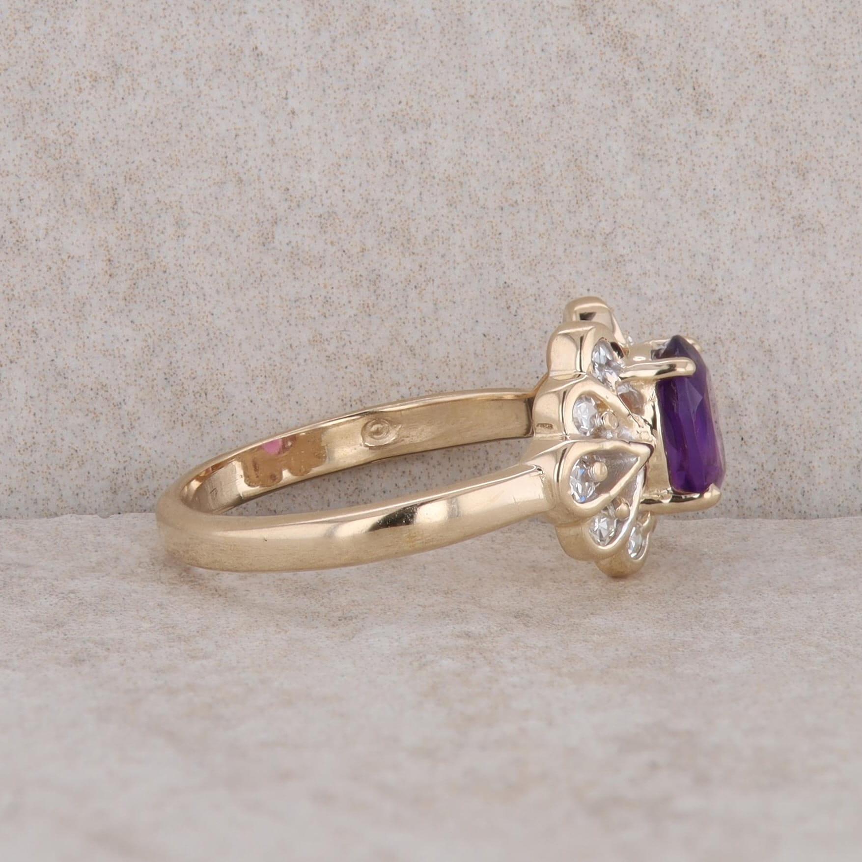 14k Yellow Gold Oval Amethyst and Diamond Ring