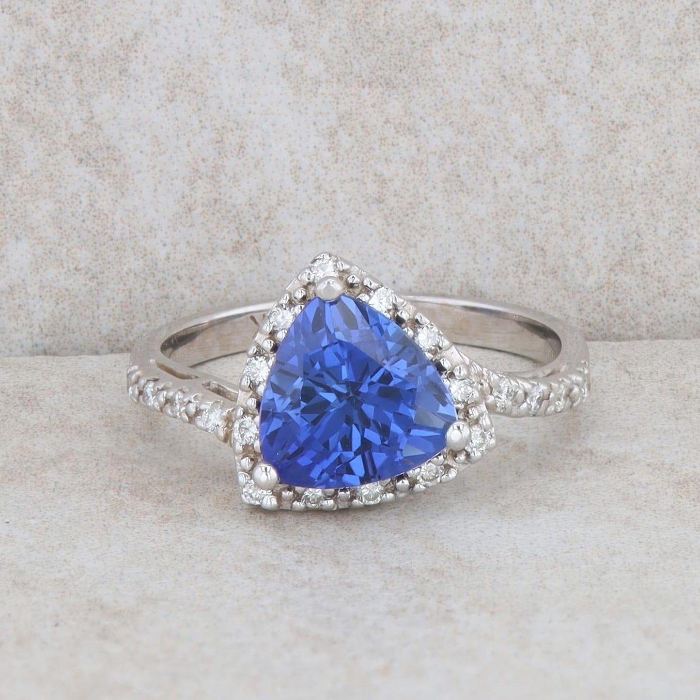 14k White Gold Synthetic Sapphire Trillion and Diamond Halo Ring