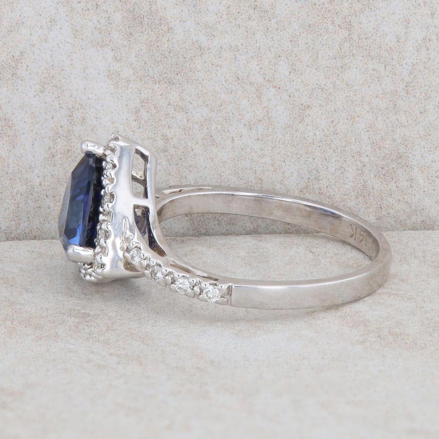 14k White Gold Synthetic Sapphire Trillion and Diamond Halo Ring